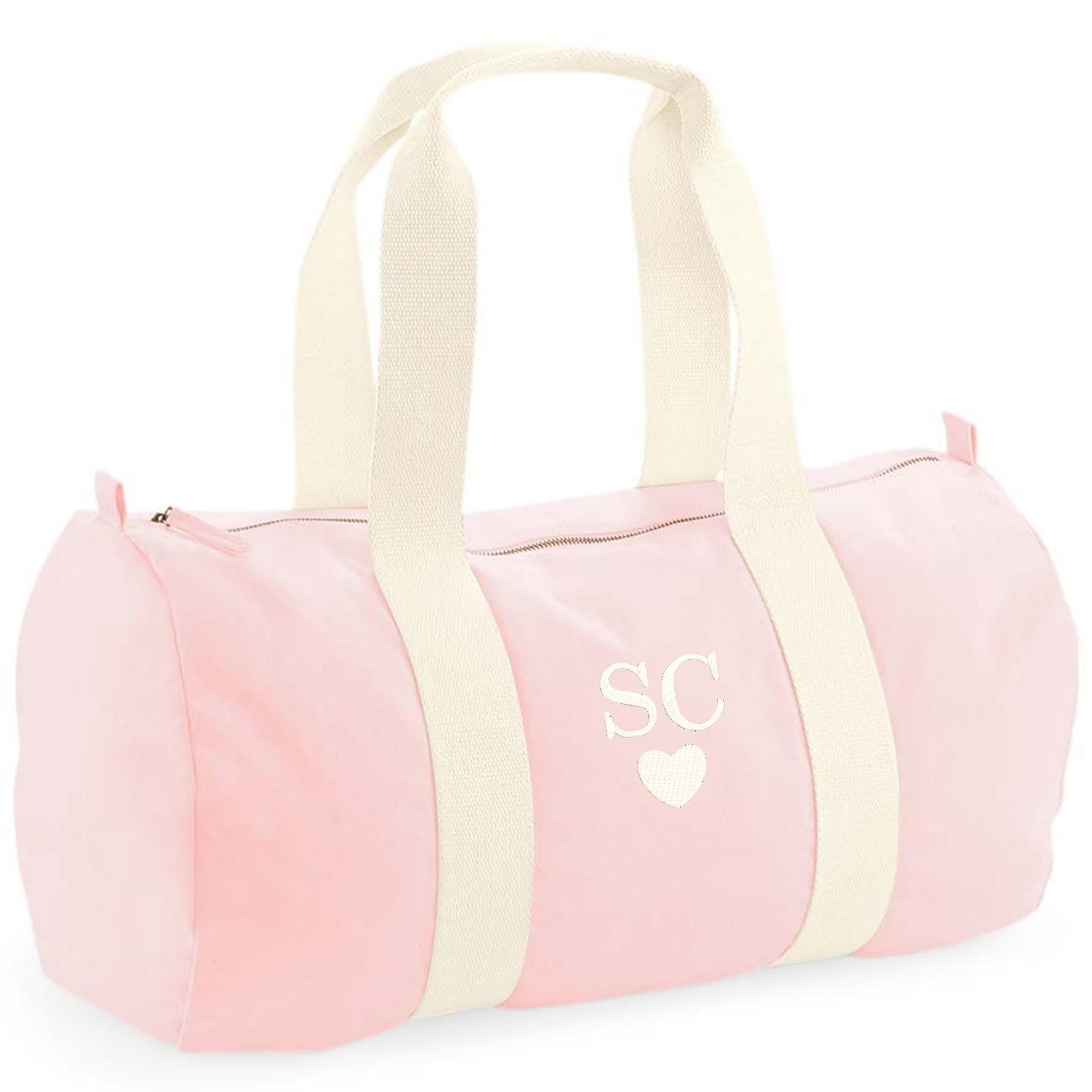 Embroidered Personalised Initials Pink Organic Cotton Barrel Bag Girls Custom Name Heart Holdall