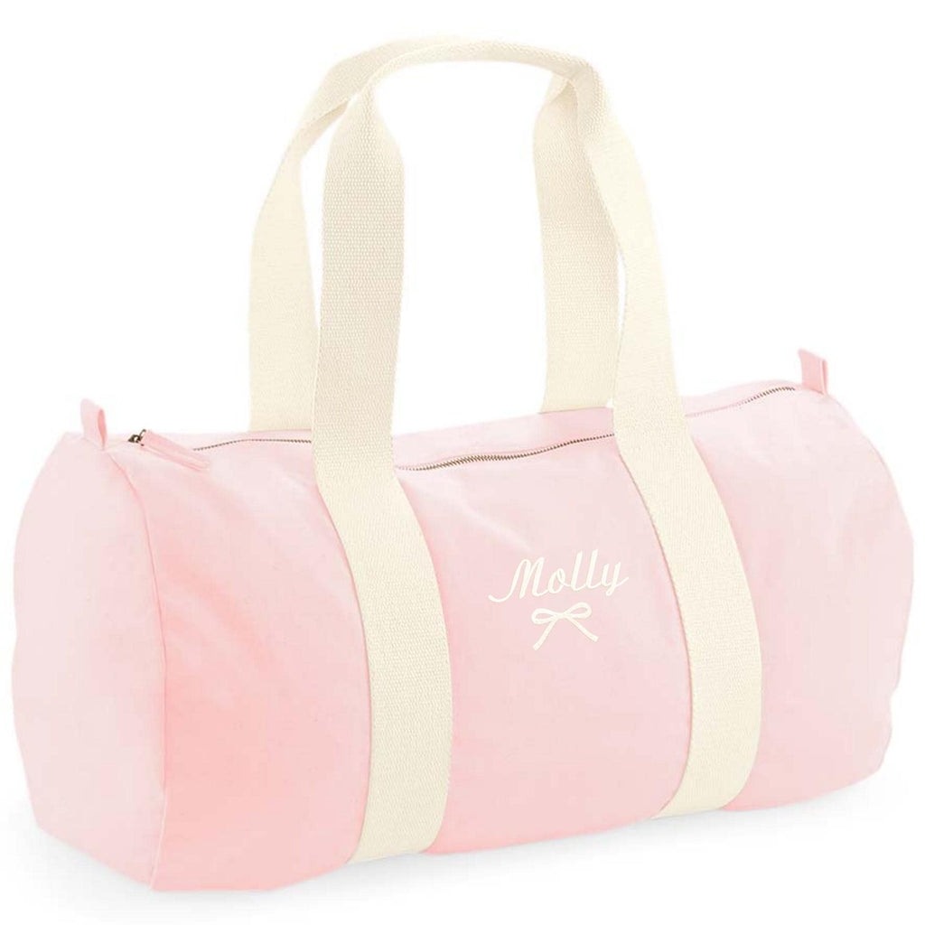 Embroidered Personalised Name Pink Organic Cotton Barrel Bag Girls Custom Holdall