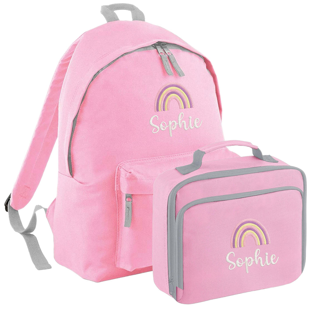 Embroidered Personalised Pink Rainbow Name Junior Backpack & Lunch Bag SetGirls Custom School Rucksack Nursery Bag