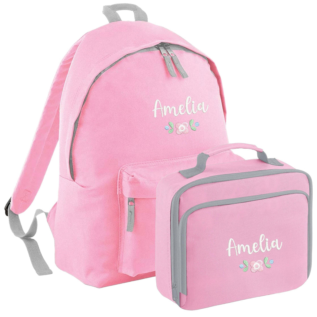 Embroidered Personalised Pink Floral Name Junior Backpack & Lunch Bag Set Girls Custom School Rucksack Nursery Bag