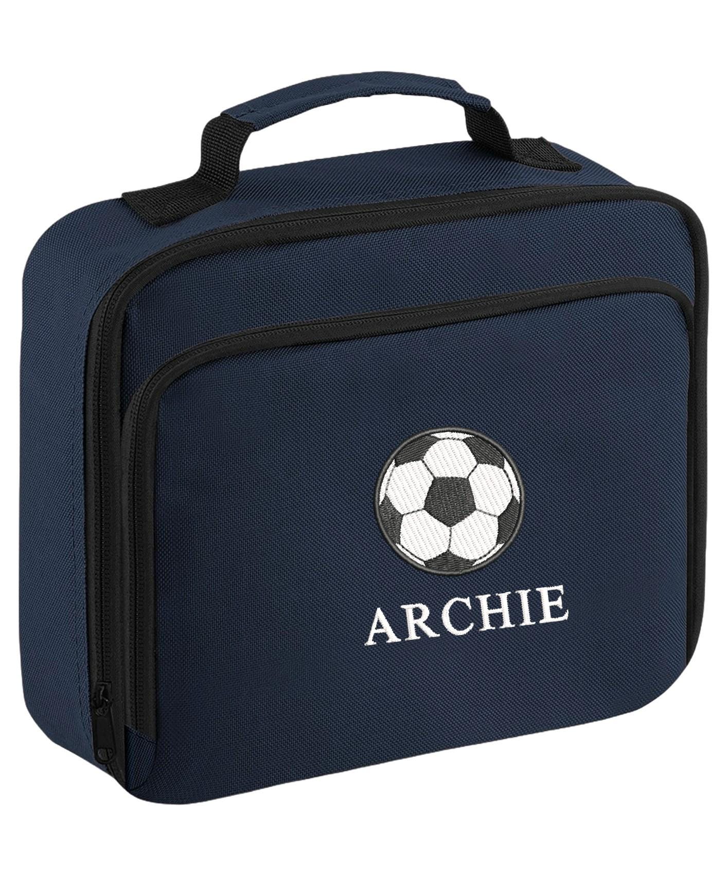 Embroidered Football Kids Personalised Name Backpack & Lunch Bag Set Boys Navy Custom School Rucksack Nursery Bag