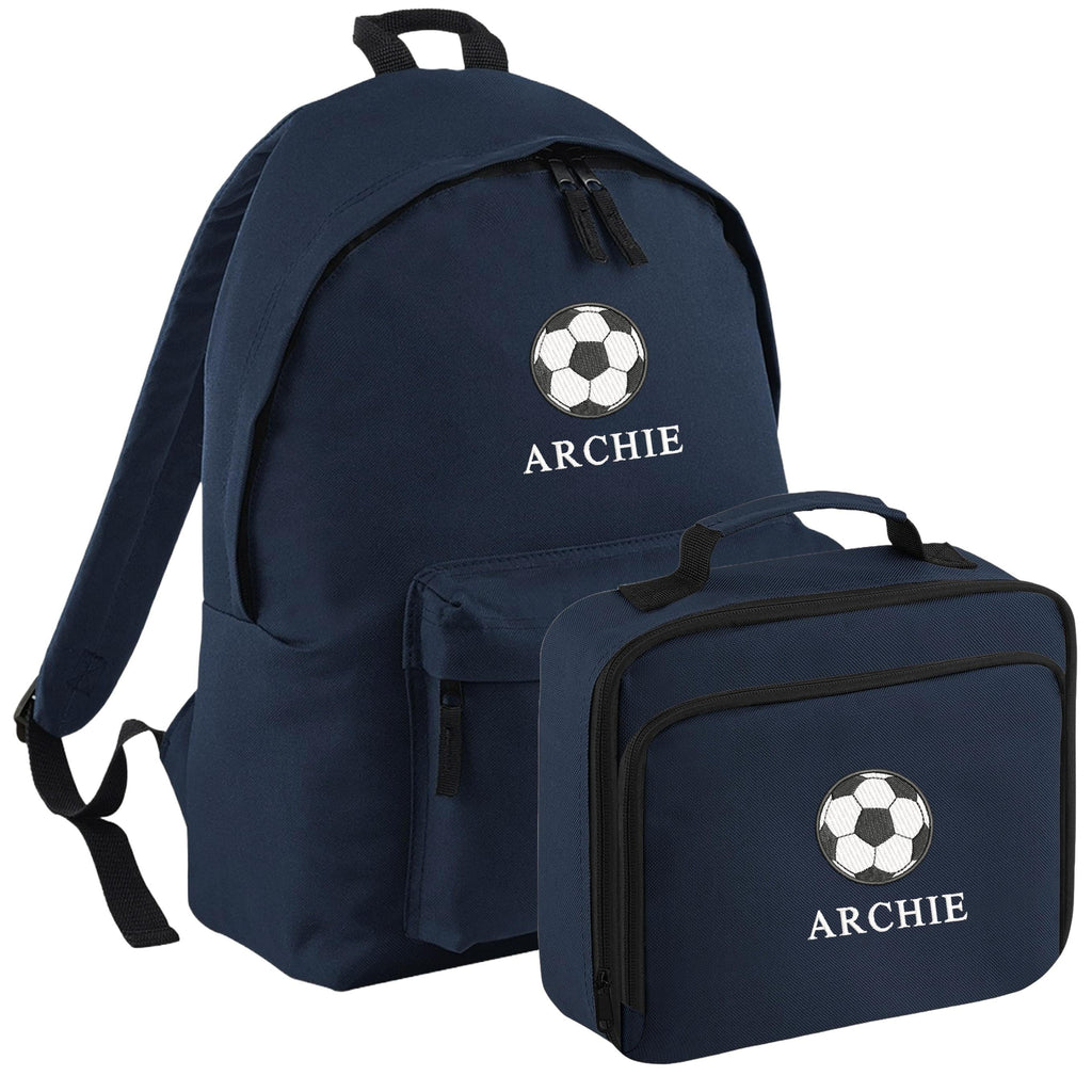 Embroidered Football Kids Personalised Name Backpack & Lunch Bag Set Boys Navy Custom School Rucksack Nursery Bag