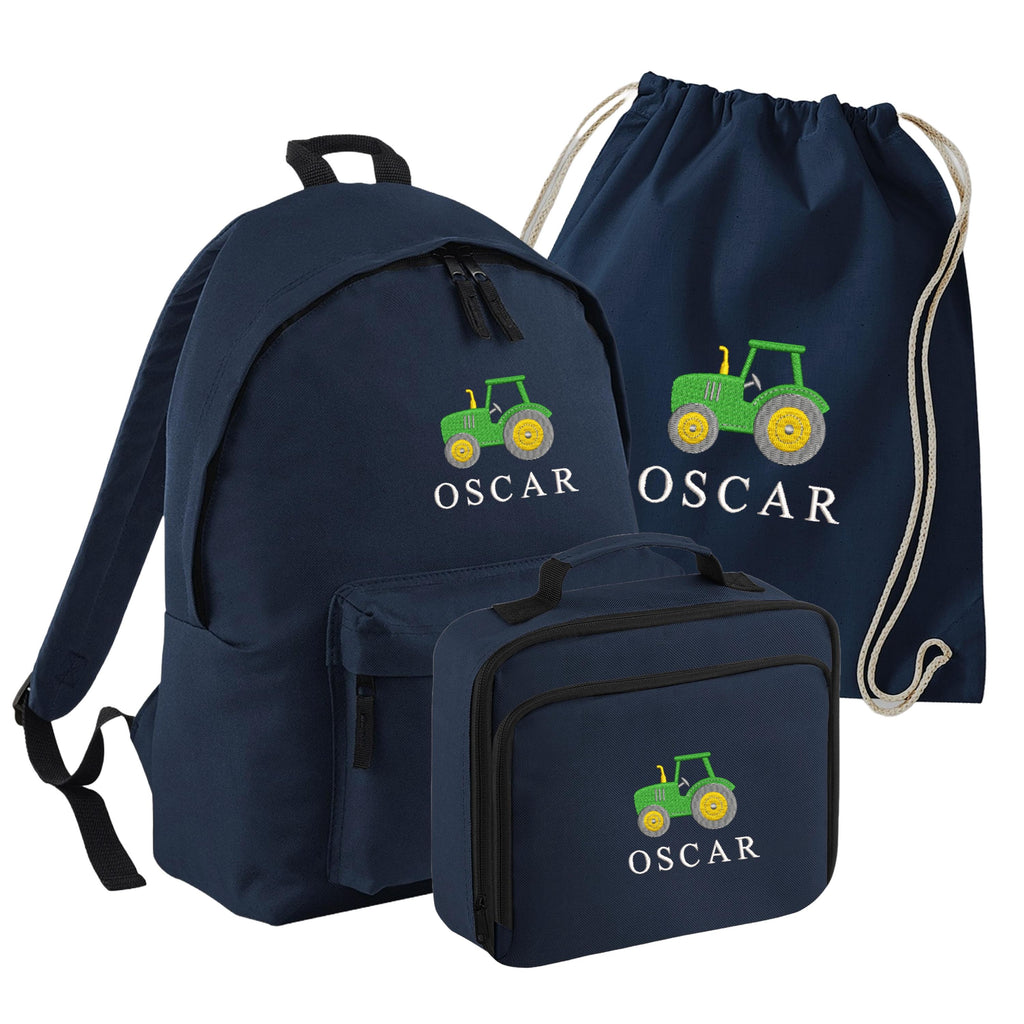 Embroidered Tractor Kids Personalised Name Junior Backpack, Lunch Bag, PE Kit Gymsac Set Boys Navy Custom School Rucksack Nursery Bag