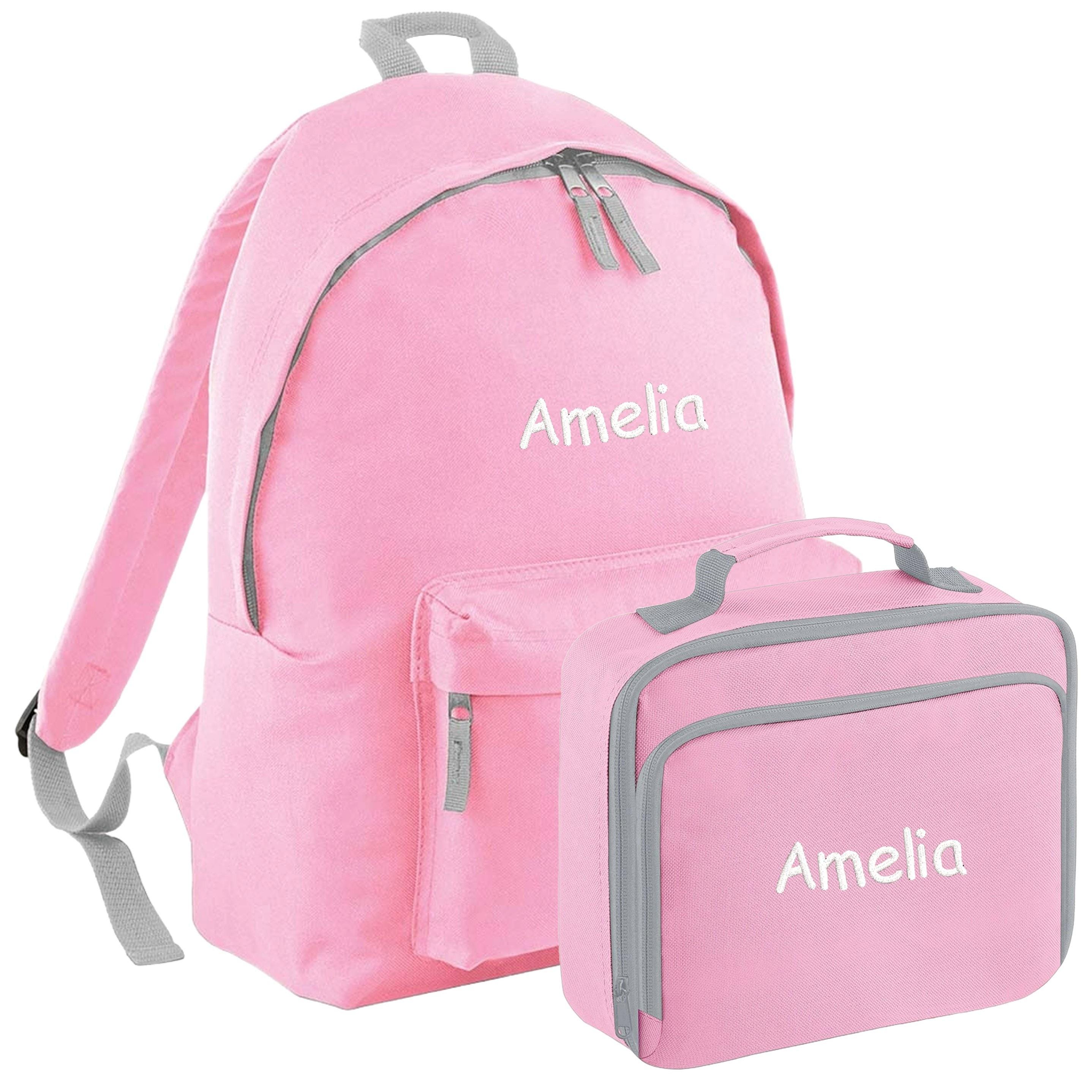Embroidered Personalised Name Junior Backpack & Lunch Bag Set Girls Pink Custom School Rucksack Nursery Bag