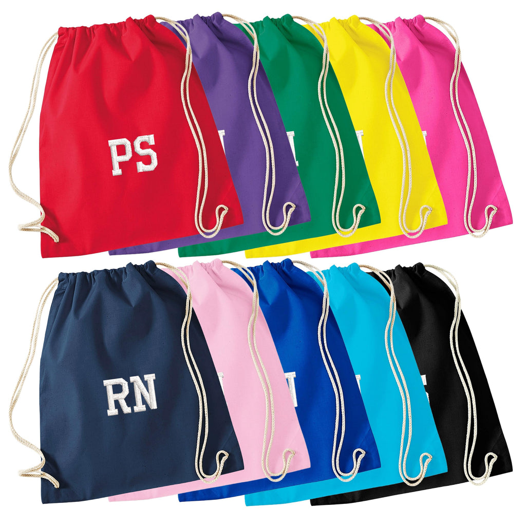Embroidered Kids Personalised Initials Cotton Gymsac Custom Name Text School PE Kit Rucksack Nursery Bag