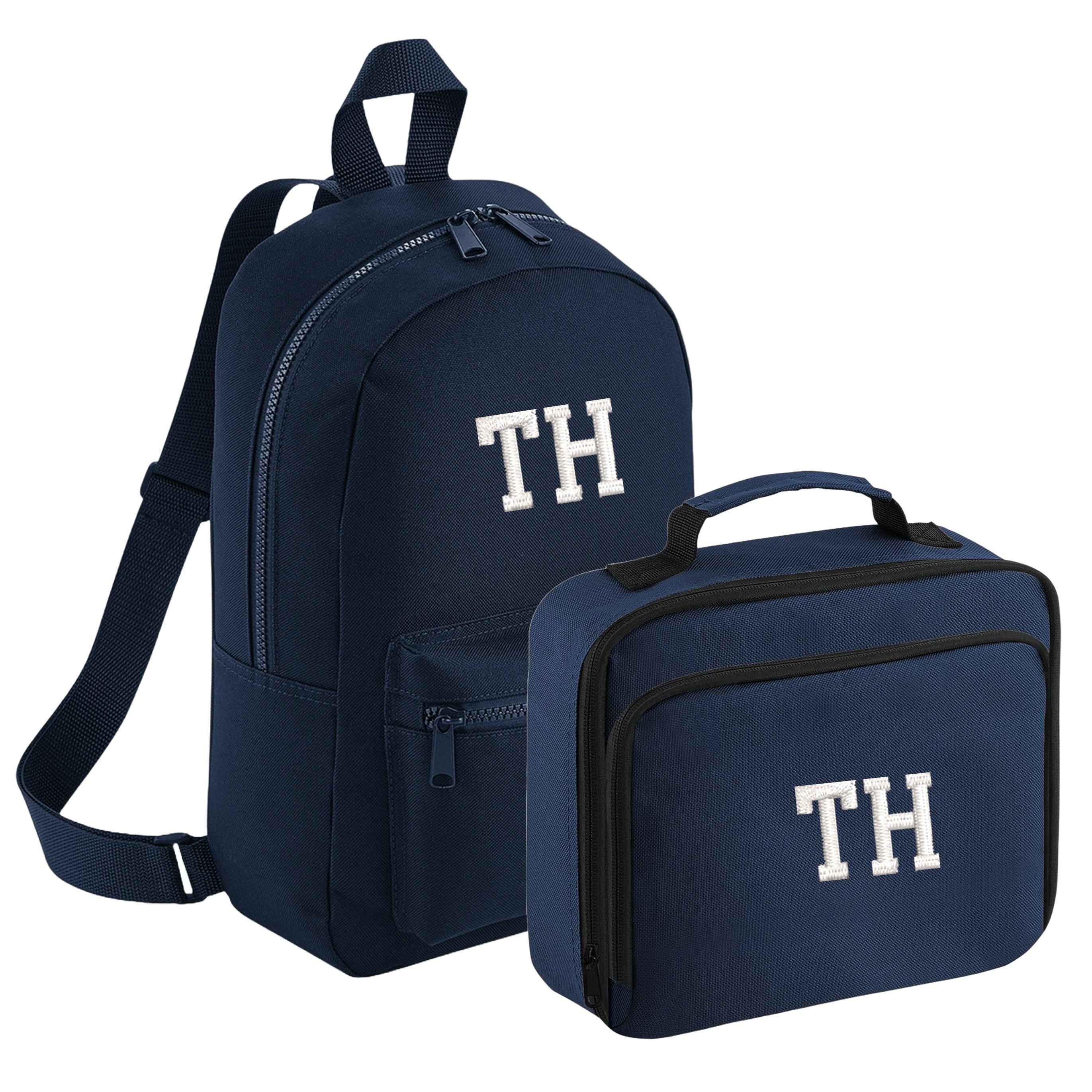 Embroidered Kids Personalised Initials Backpack & Lunch Bag Set Boys Girls Navy Custom Name School Rucksack Nursery Bag