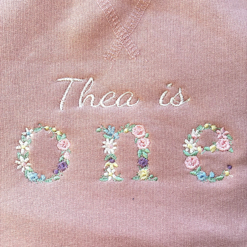 Embroidered Personalised Name Is One Floral Baby and Toddler Girls Pink Sustainable Sweatshirts 1st Birthday Party Outfit Gift
