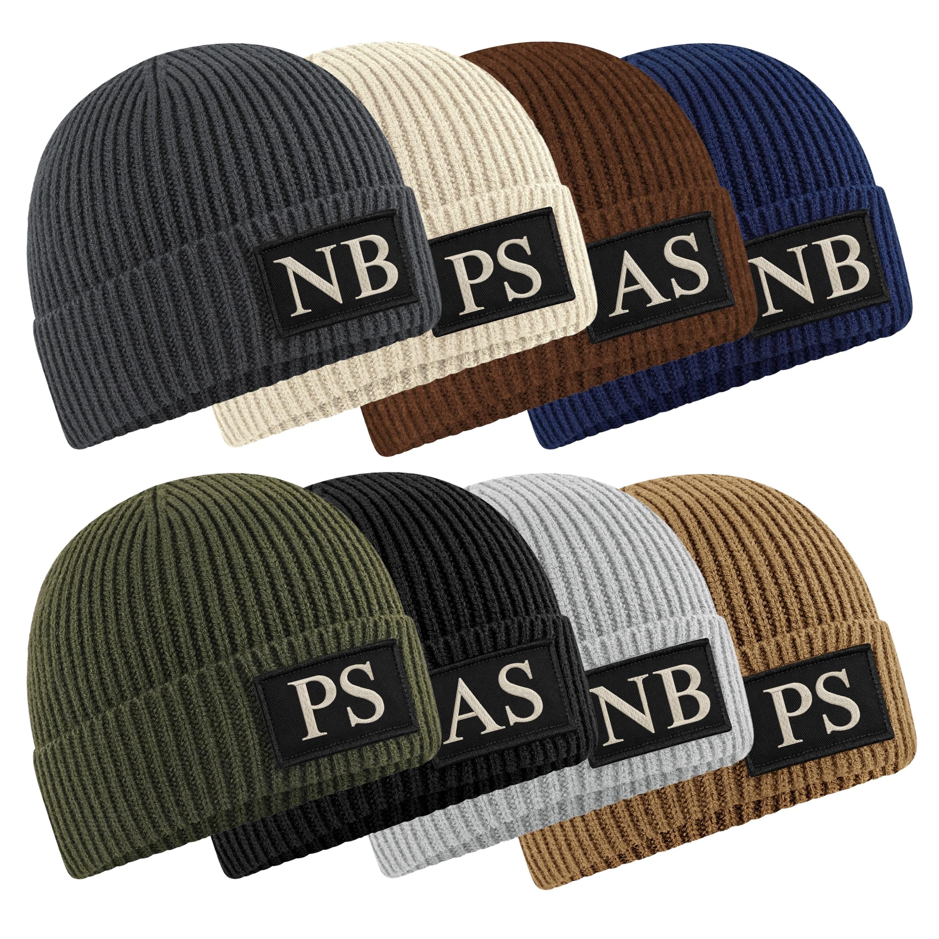 Embroidered Personalised Initials Beanie Custom Monogram Patch Adults Knitted Winter Hat