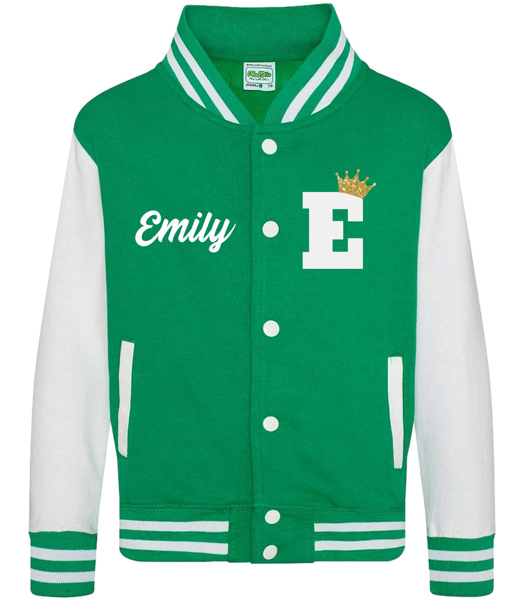 Kids Personalised Name & Initial Gold Glitter Crown Varsity Jacket Childrens College Baseball Letterman