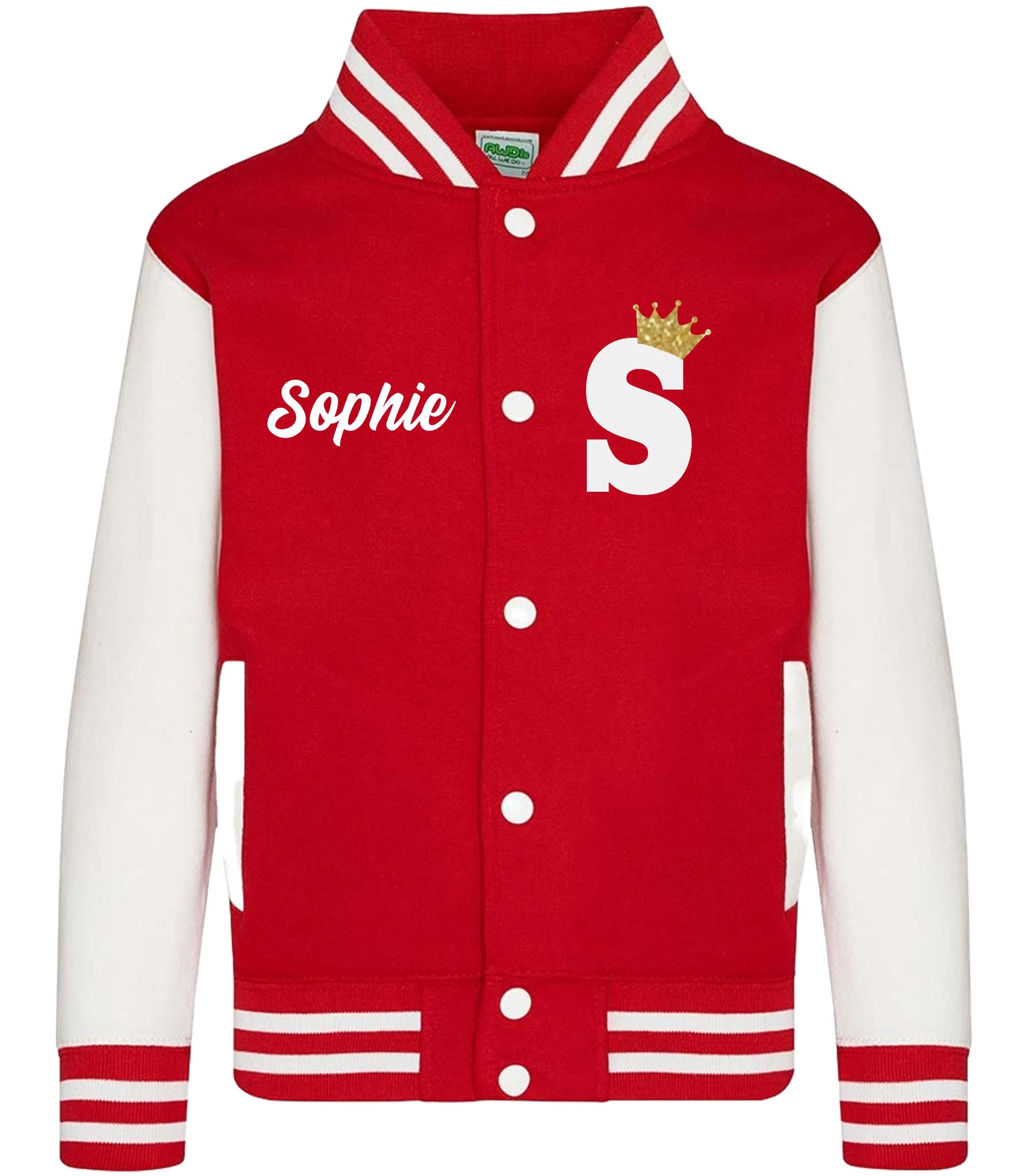Kids Personalised Name & Initial Gold Glitter Crown Varsity Jacket Childrens College Baseball Letterman