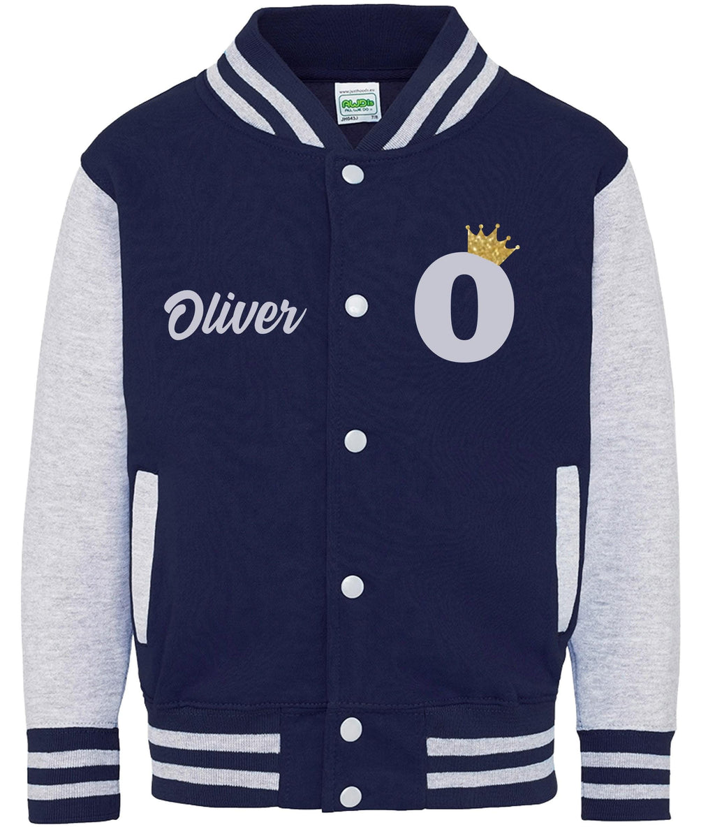 Kids Personalised Name & Initial Gold Glitter Crown Varsity Jacket Childrens College Baseball Letterman