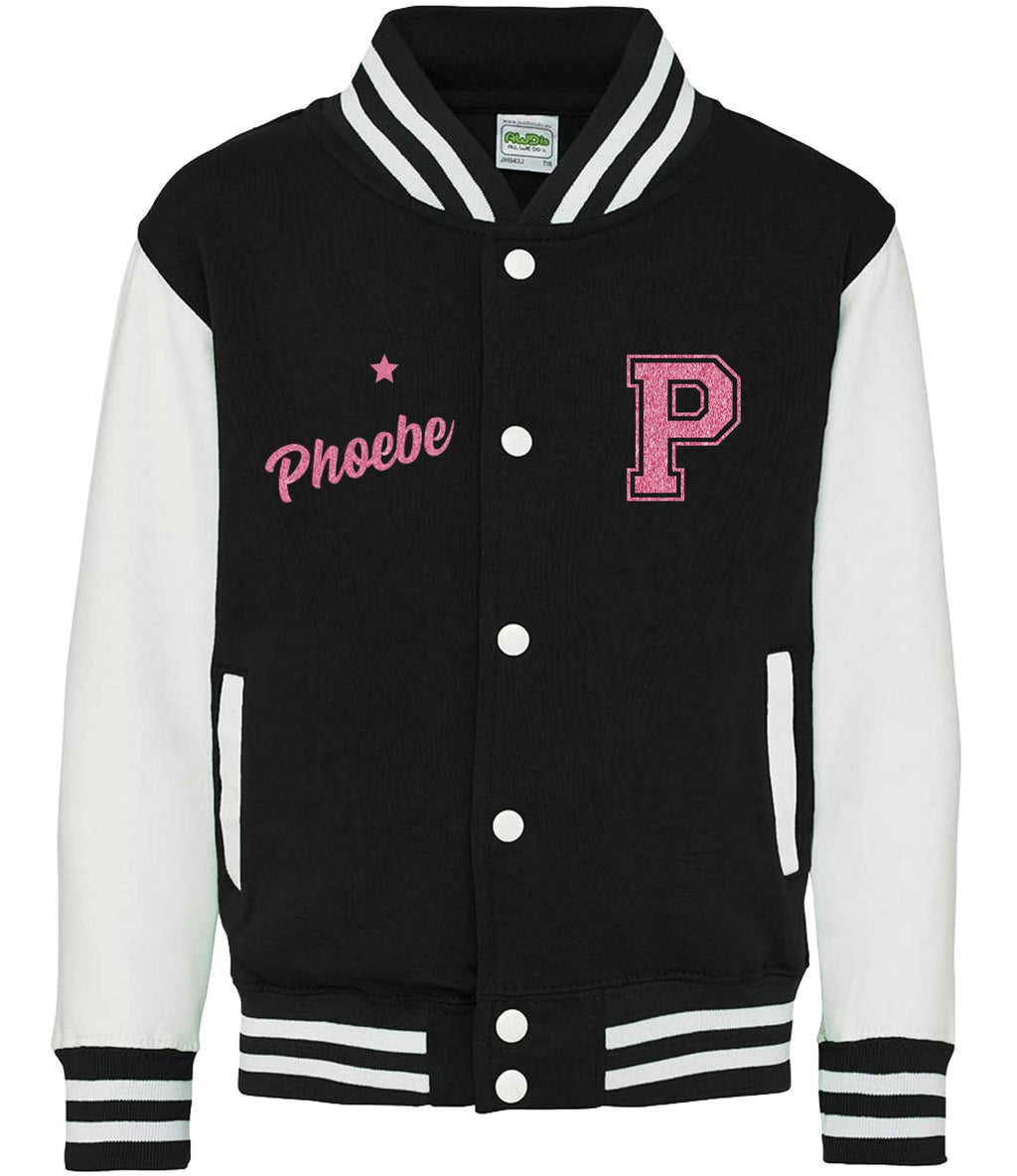 Personalised Name Initials Kids Varsity Jacket Pink Glitter Childrens Custom Letterman College Baseball