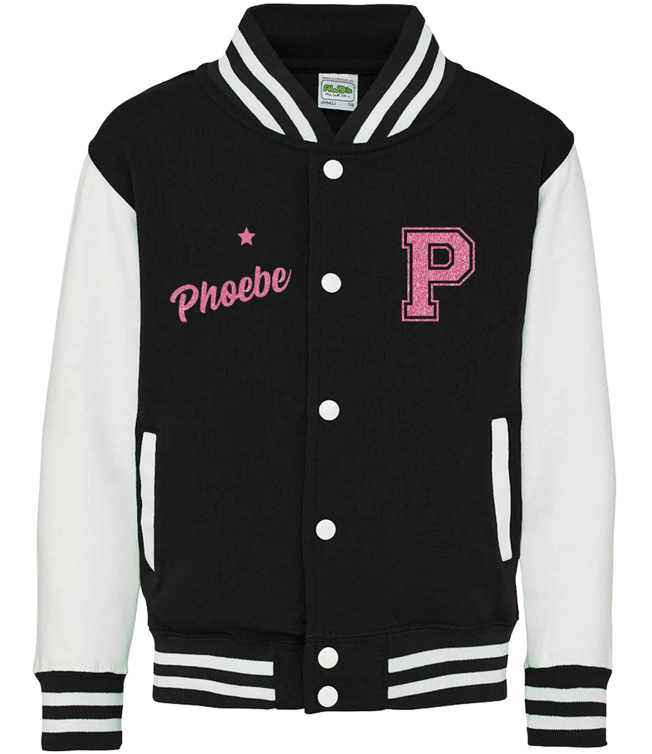 Personalised Name Initials Kids Varsity Jacket Pink Glitter Childrens Custom Letterman College Baseball