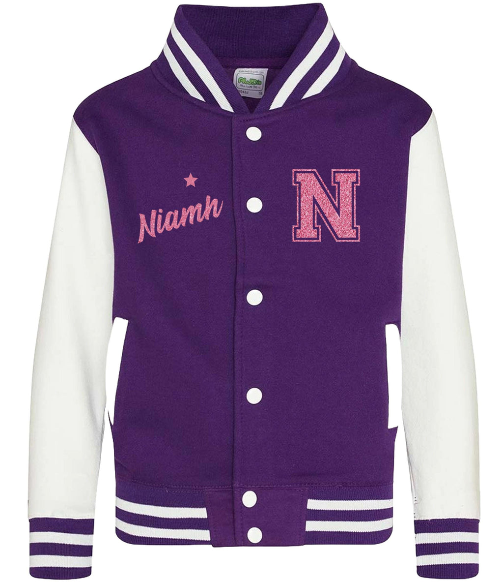 Personalised Name Initials Kids Varsity Jacket Pink Glitter Childrens Custom Letterman College Baseball
