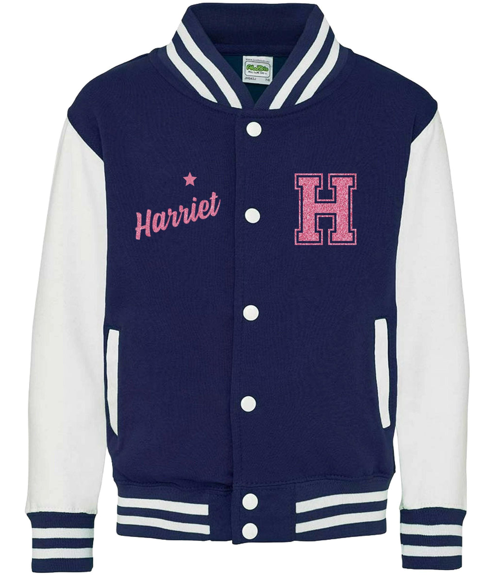 Personalised Name Initials Kids Varsity Jacket Pink Glitter Childrens Custom Letterman College Baseball