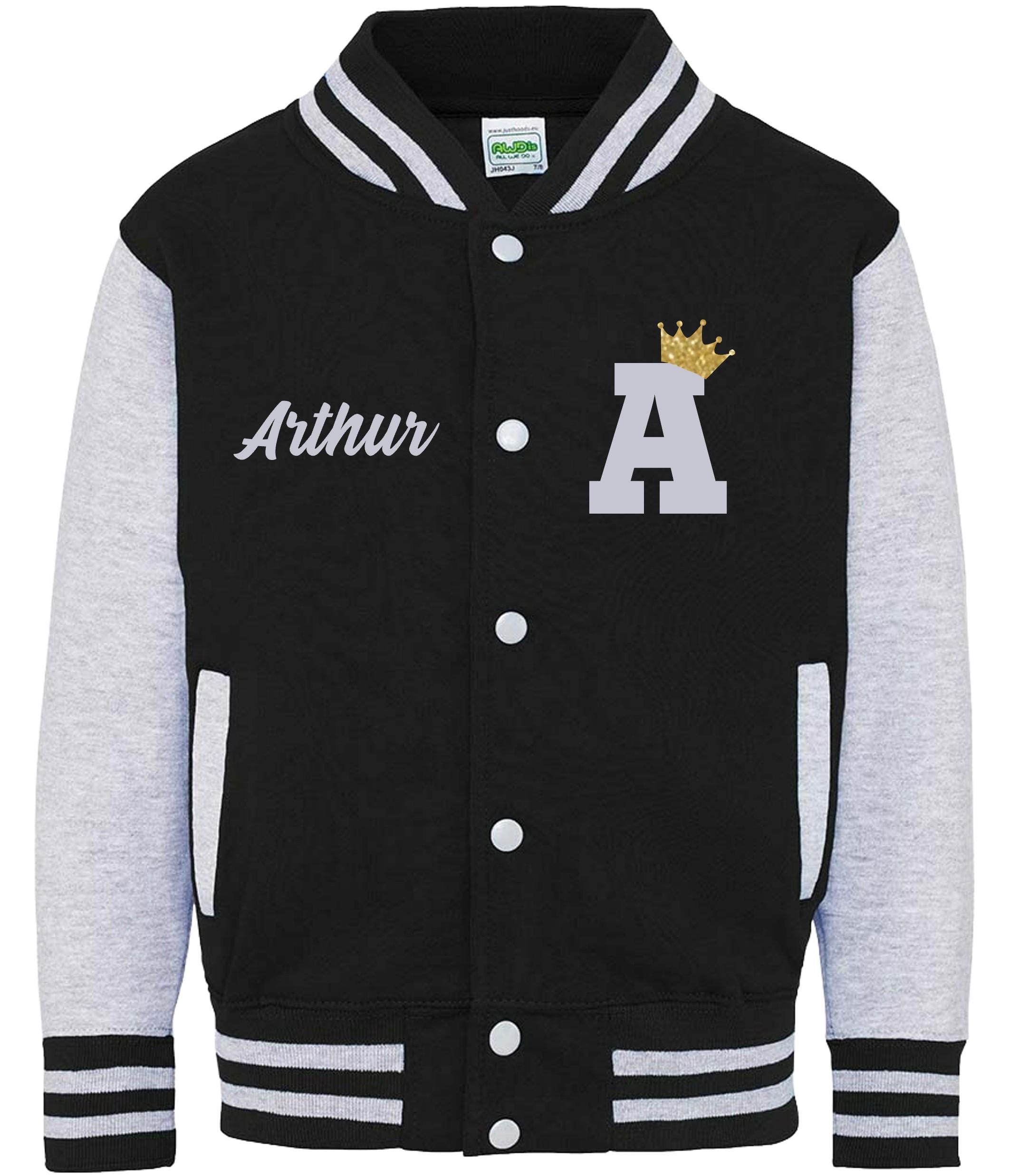 Adults Personalised Name & Initial Gold Glitter Crown Varsity Jacket College Baseball Letterman