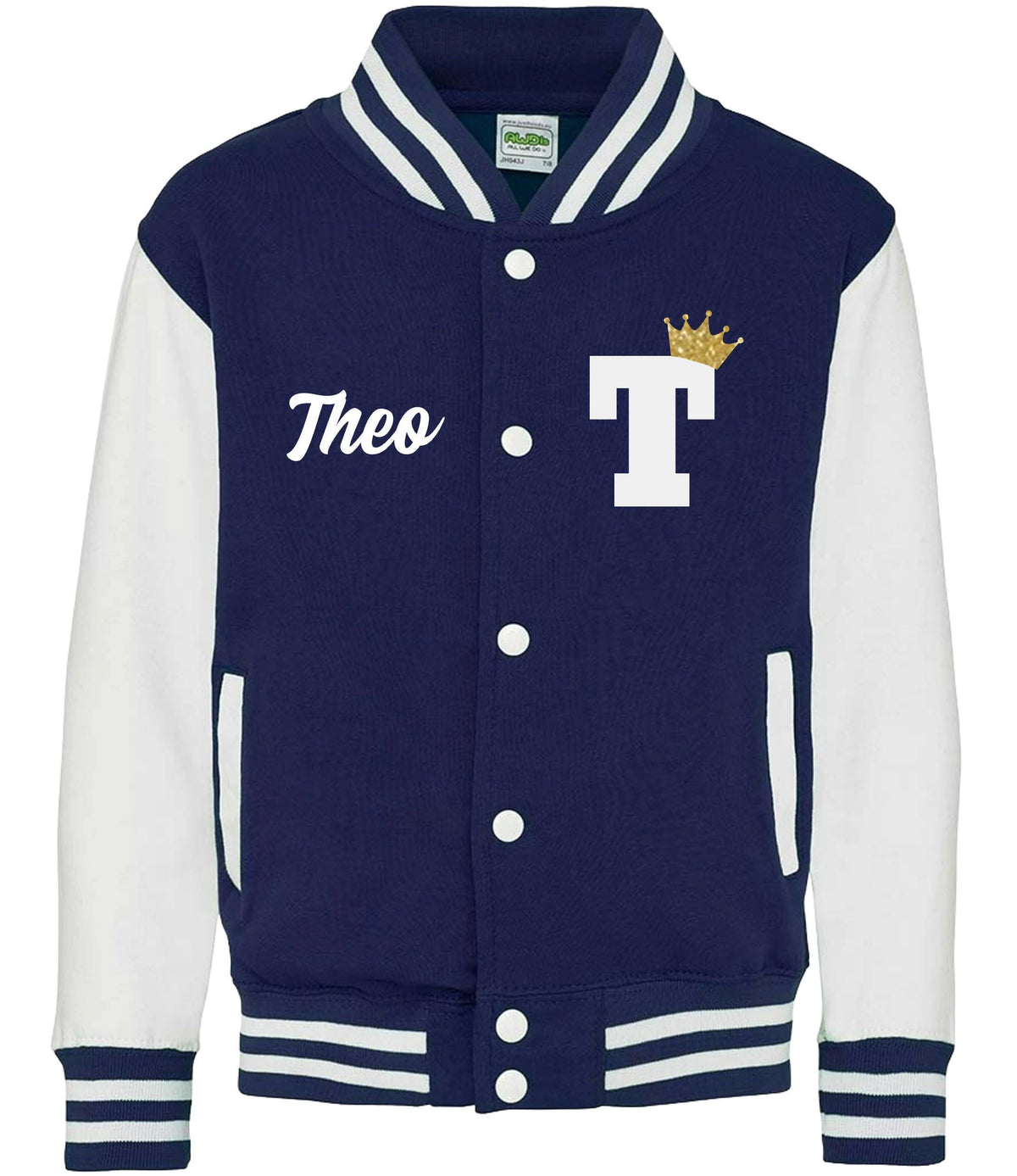 Adults Personalised Name & Initial Gold Glitter Crown Varsity Jacket College Baseball Letterman