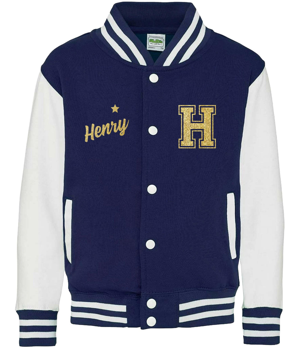 Personalised Name Initials Adults Varsity Jacket Gold Glitter Custom Letterman College Baseball