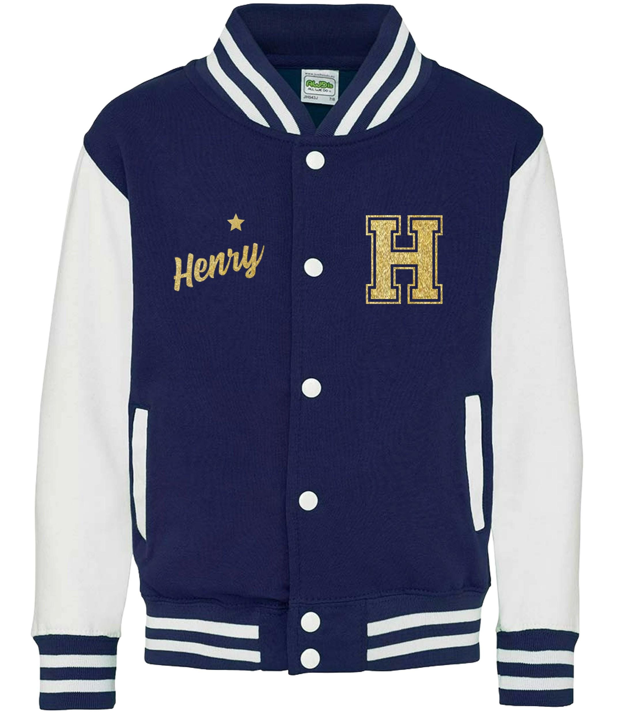Personalised Name Initials Adults Varsity Jacket Gold Glitter Custom Letterman College Baseball