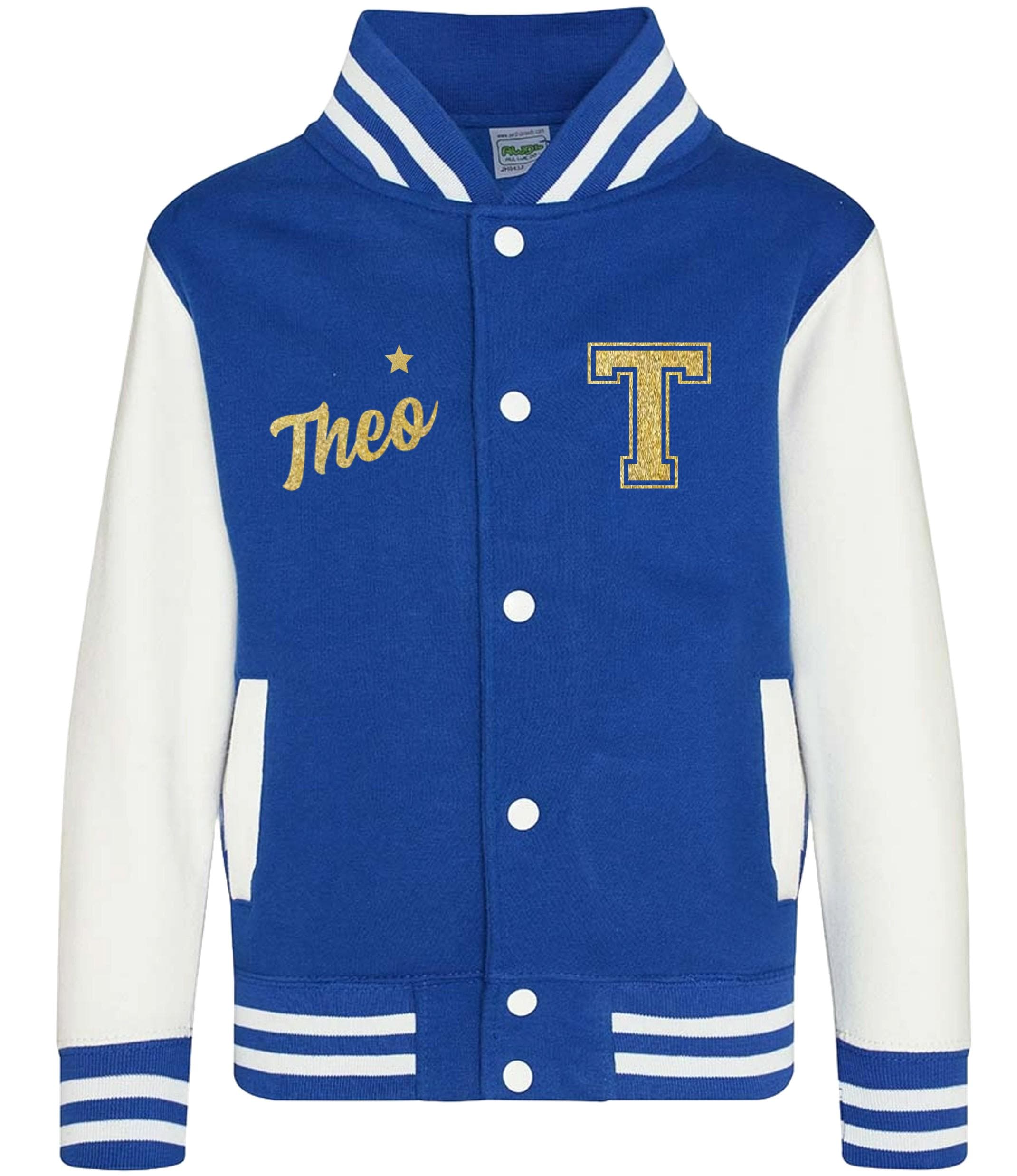Personalised Name Initials Adults Varsity Jacket Gold Glitter Custom Letterman College Baseball