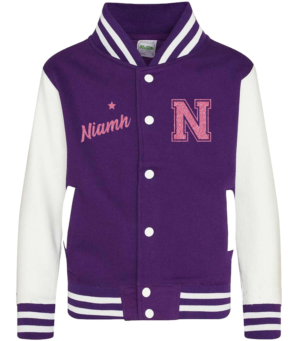Personalised Name Initials Adults Varsity Jacket Pink Glitter Custom Letterman College Baseball