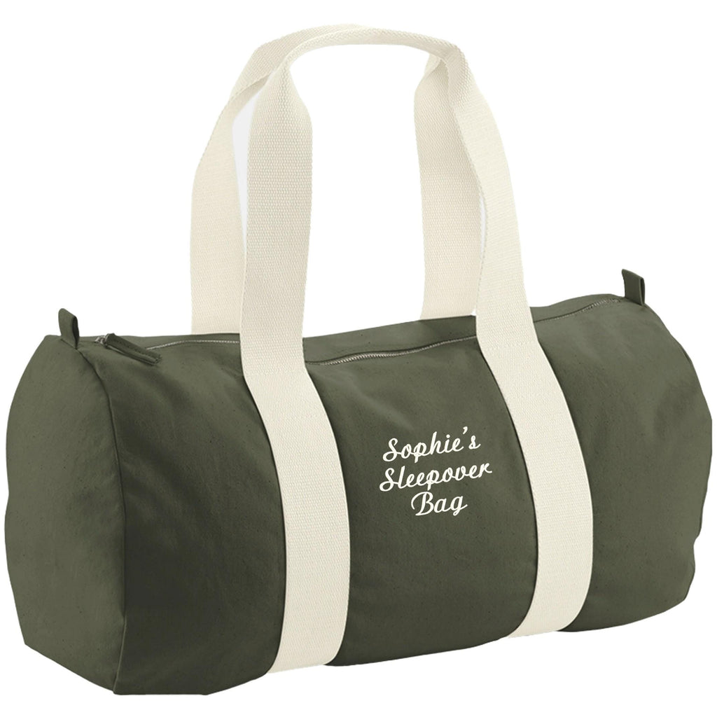 Embroidered Personalised Name Organic Cotton Barrel Bag Girls Boys Custom Sleepover Holdall