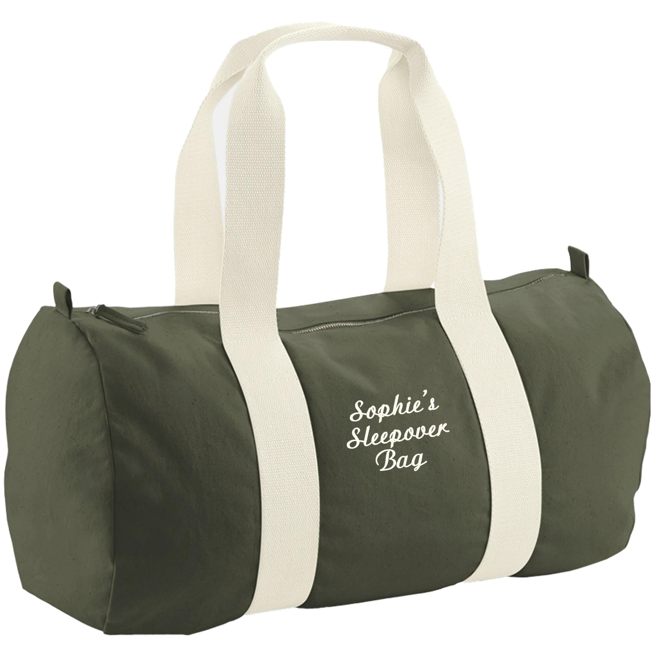 Embroidered Personalised Name Organic Cotton Barrel Bag Girls Boys Custom Sleepover Holdall