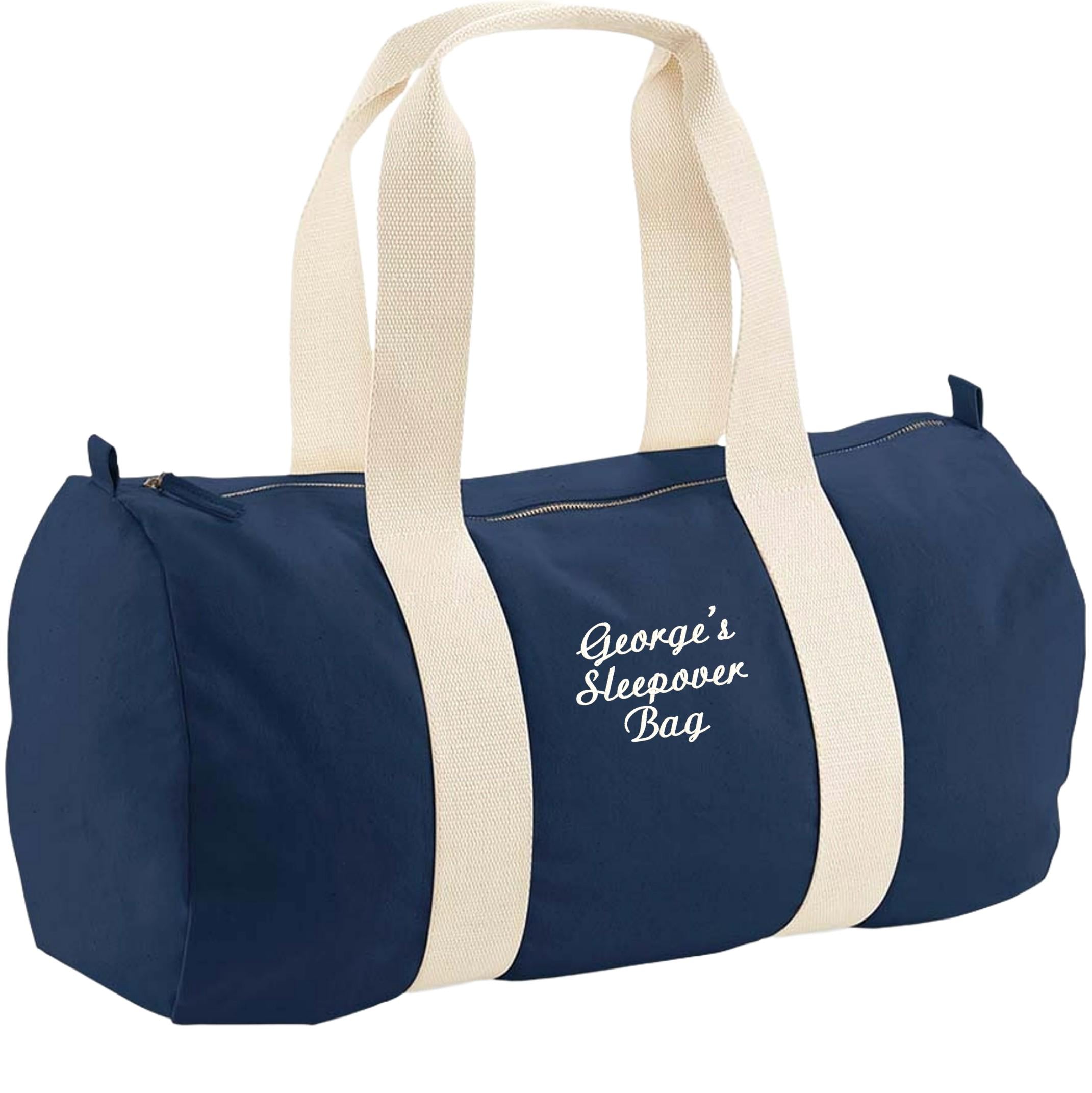 Embroidered Personalised Name Organic Cotton Barrel Bag Girls Boys Custom Sleepover Holdall