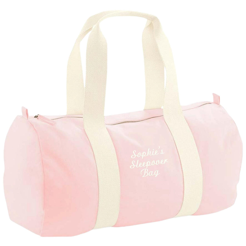 Embroidered Personalised Name Organic Cotton Barrel Bag Girls Boys Custom Sleepover Holdall