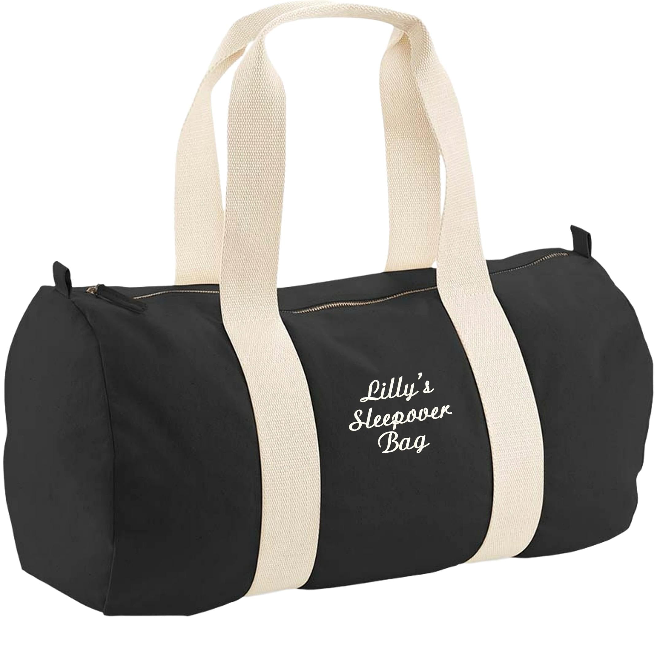 Embroidered Personalised Name Organic Cotton Barrel Bag Girls Boys Custom Sleepover Holdall