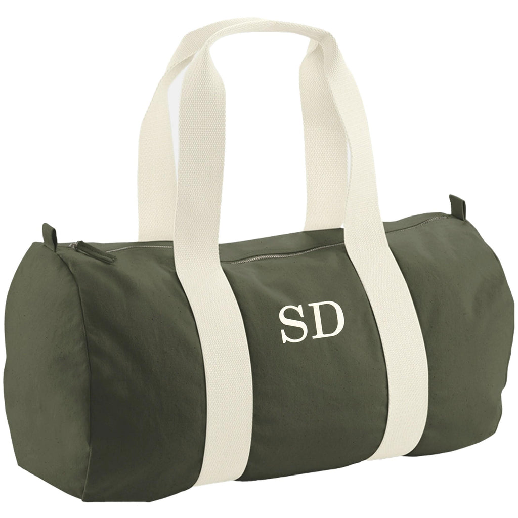 Embroidered Personalised Initials Organic Cotton Barrel Bag Girls Boys Custom Sleepover Holdall