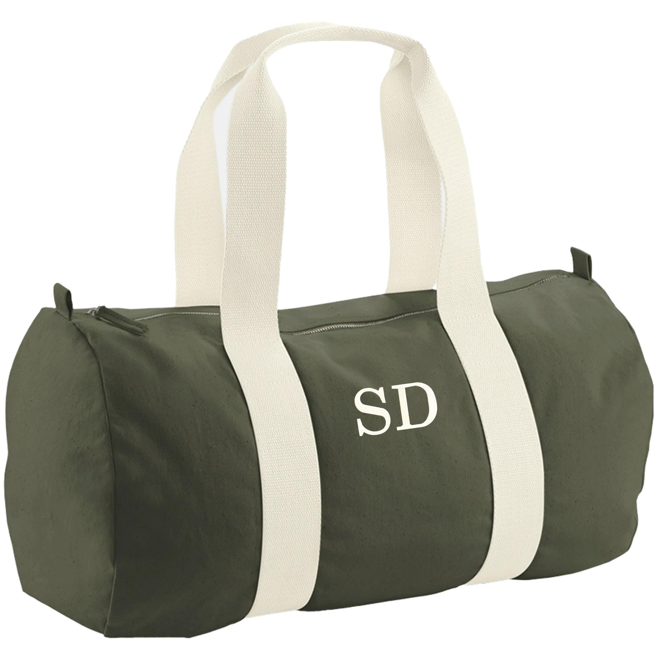 Embroidered Personalised Initials Organic Cotton Barrel Bag Girls Boys Custom Sleepover Holdall