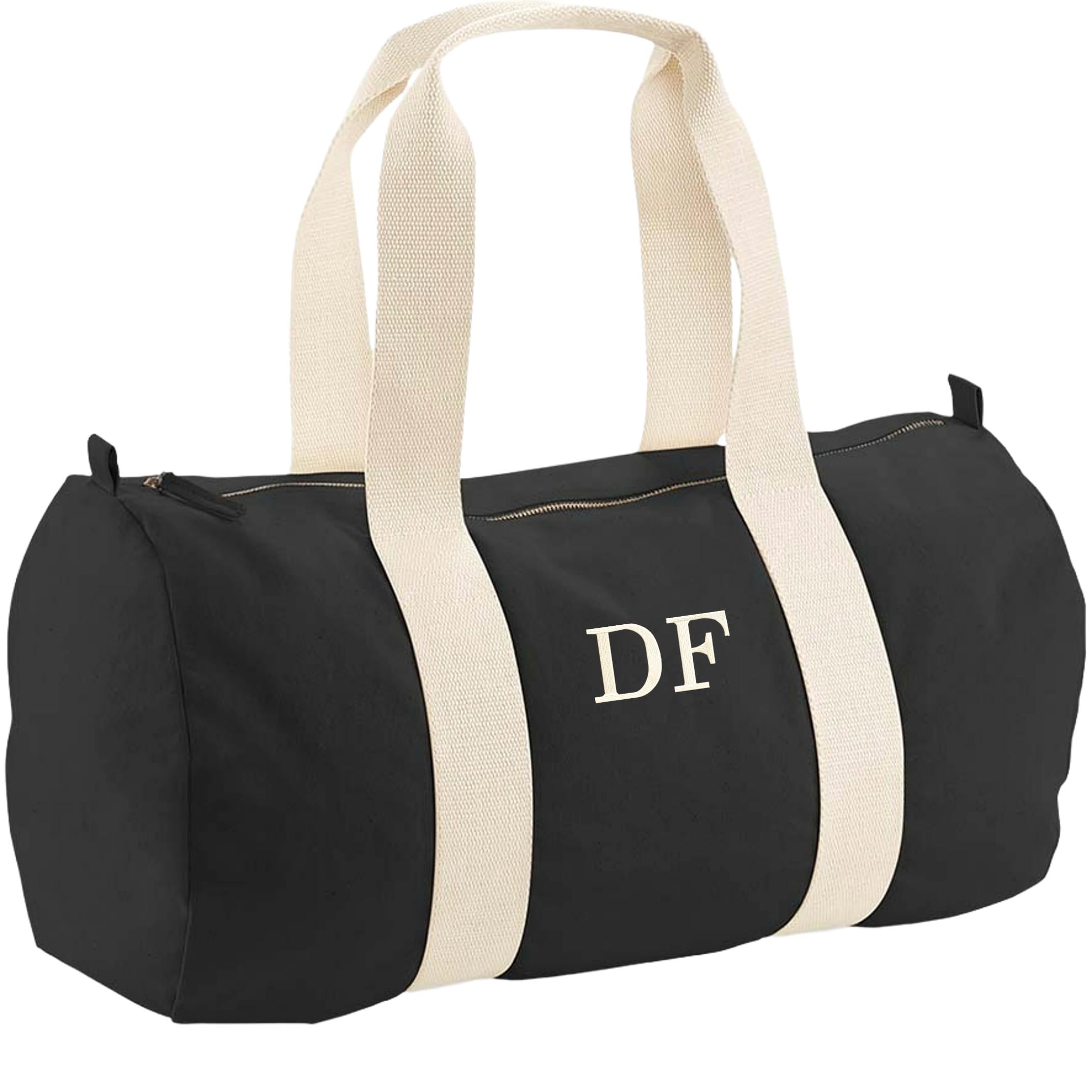 Embroidered Personalised Initials Organic Cotton Barrel Bag Girls Boys Custom Sleepover Holdall