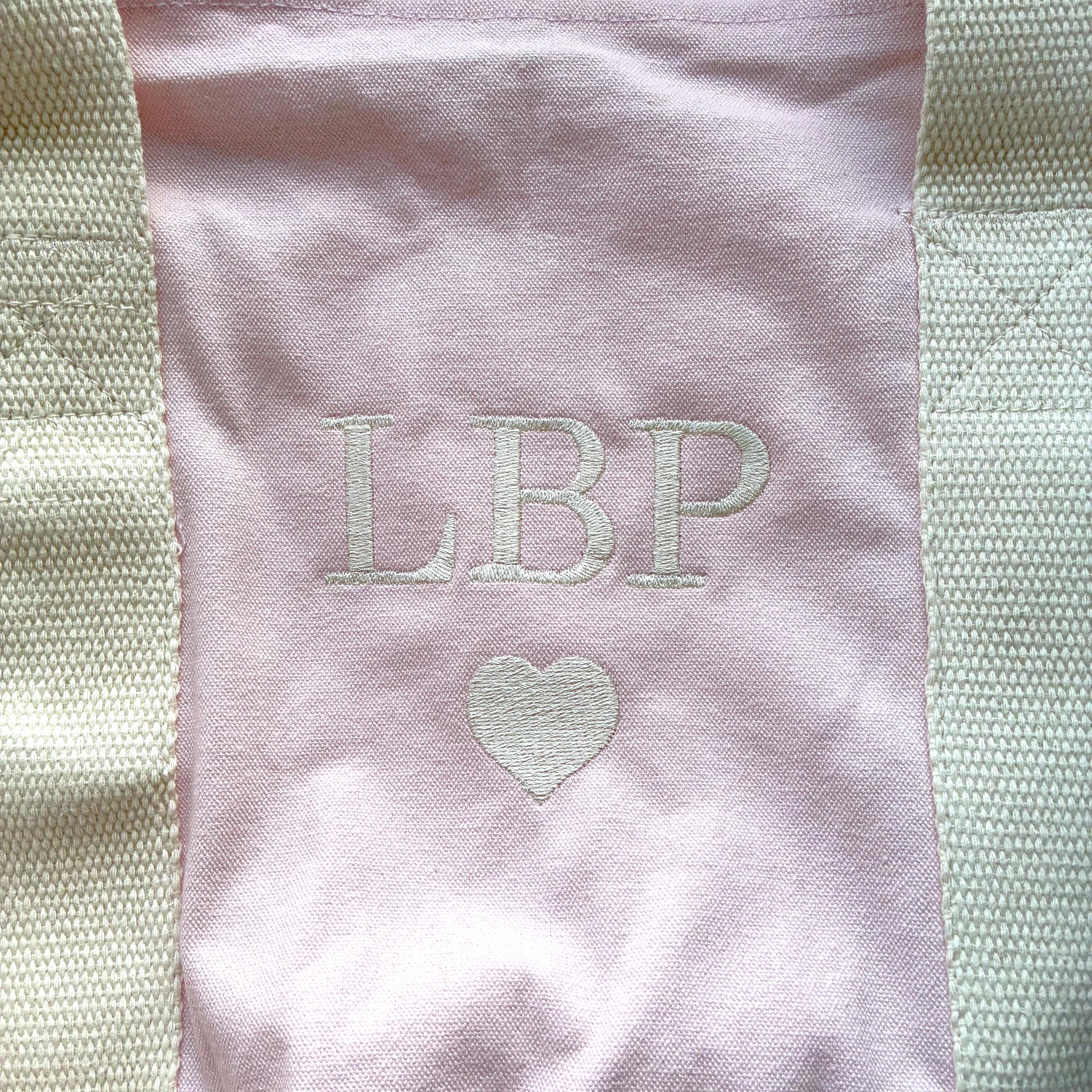 Embroidered Personalised Initials Pink Organic Cotton Barrel Bag Girls Custom Name Heart Holdall
