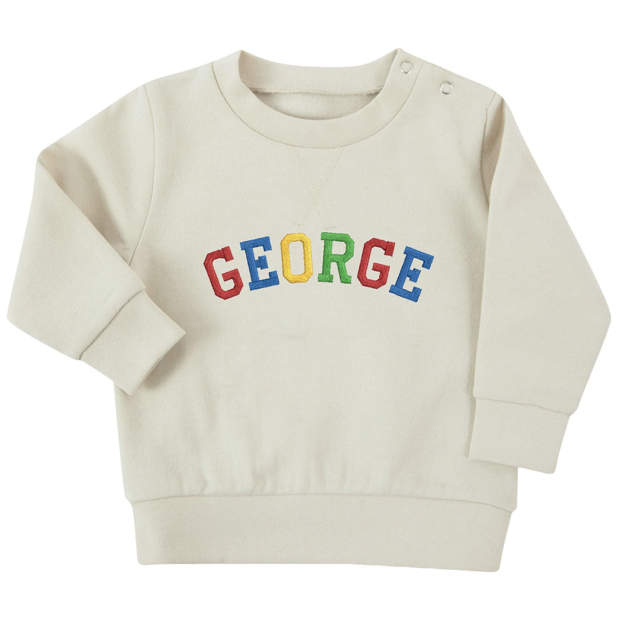 Embroidered Personalised Rainbow Varsity Name Sustainable Sweatshirts Boys & Girls Baby Toddler Custom Jumper Gift