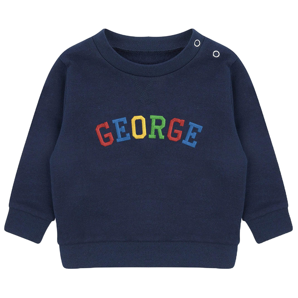 Embroidered Personalised Rainbow Varsity Name Sustainable Sweatshirts Boys & Girls Baby Toddler Custom Jumper Gift