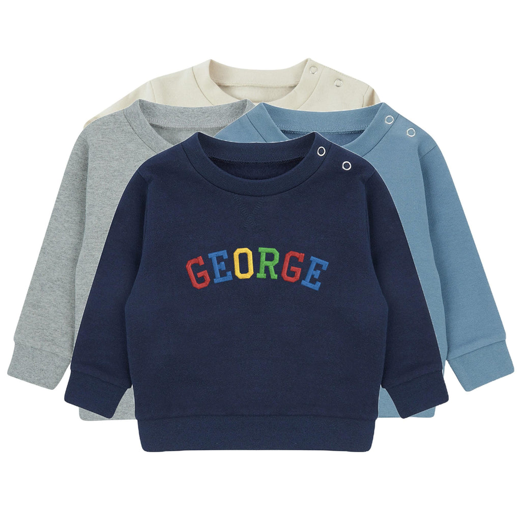 Embroidered Personalised Rainbow Varsity Name Sustainable Sweatshirts Boys & Girls Baby Toddler Custom Jumper Gift