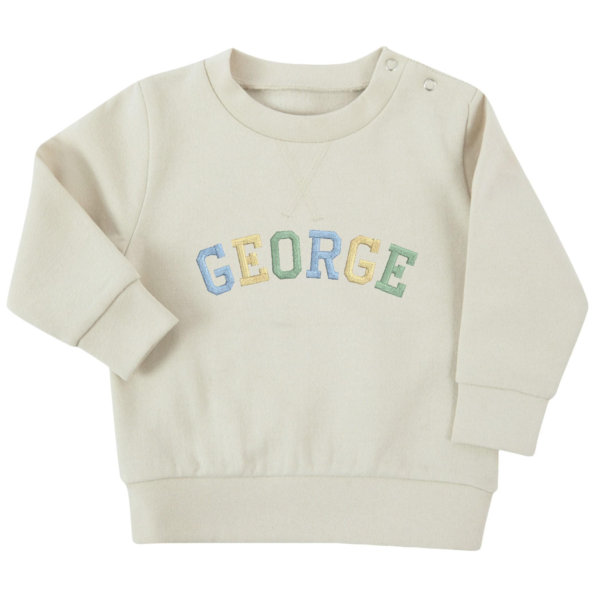 Embroidered Personalised Varsity Name Sustainable Sweatshirts Boys & Girls Baby Toddler Custom Jumper Gift