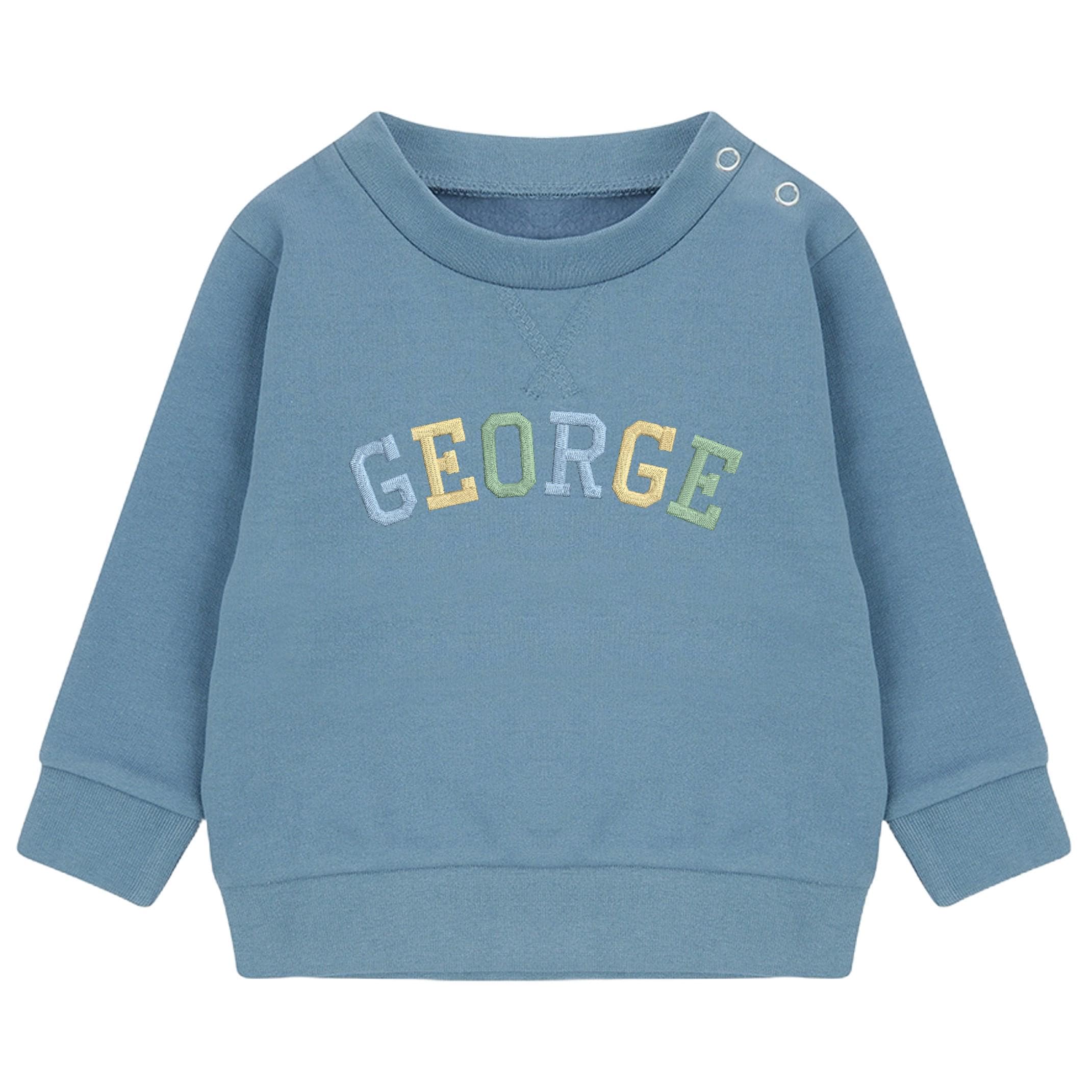 Embroidered Personalised Varsity Name Sustainable Sweatshirts Boys & Girls Baby Toddler Custom Jumper Gift