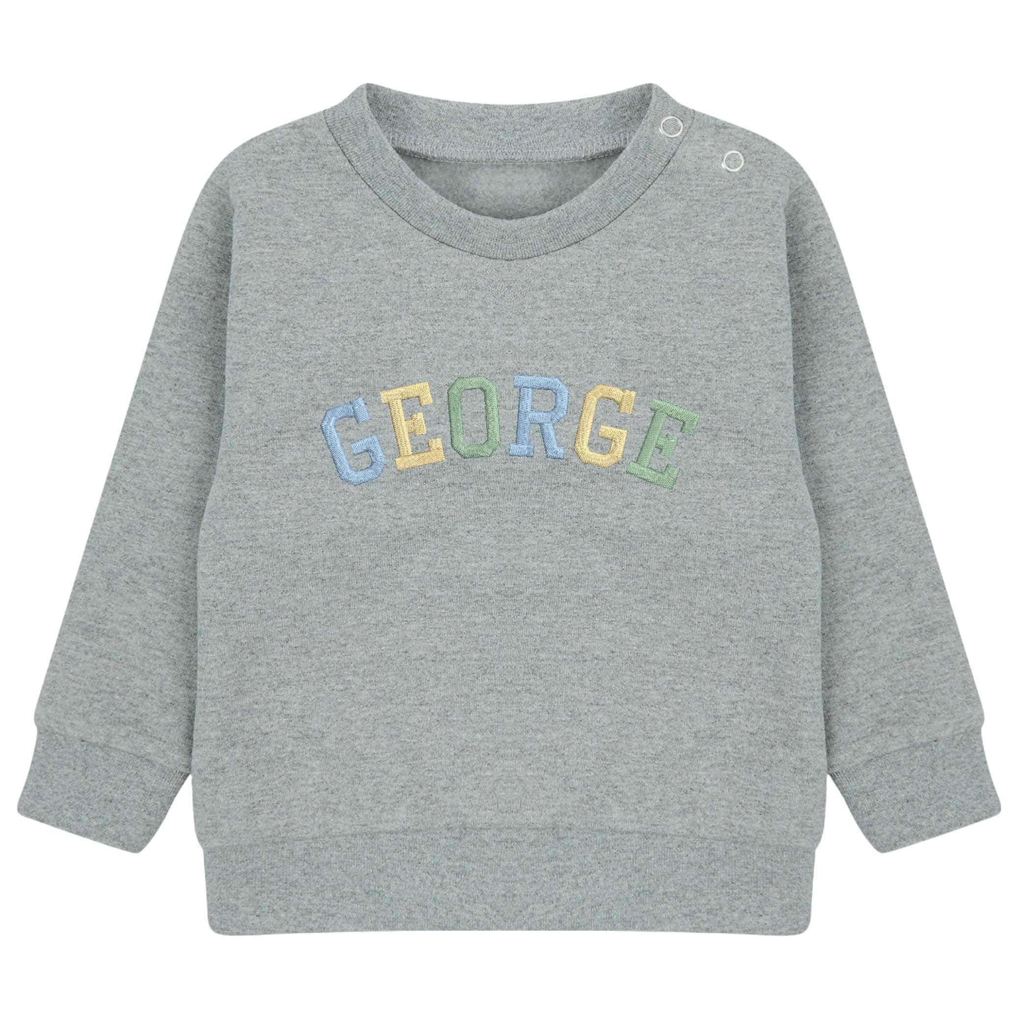 Embroidered Personalised Varsity Name Sustainable Sweatshirts Boys & Girls Baby Toddler Custom Jumper Gift