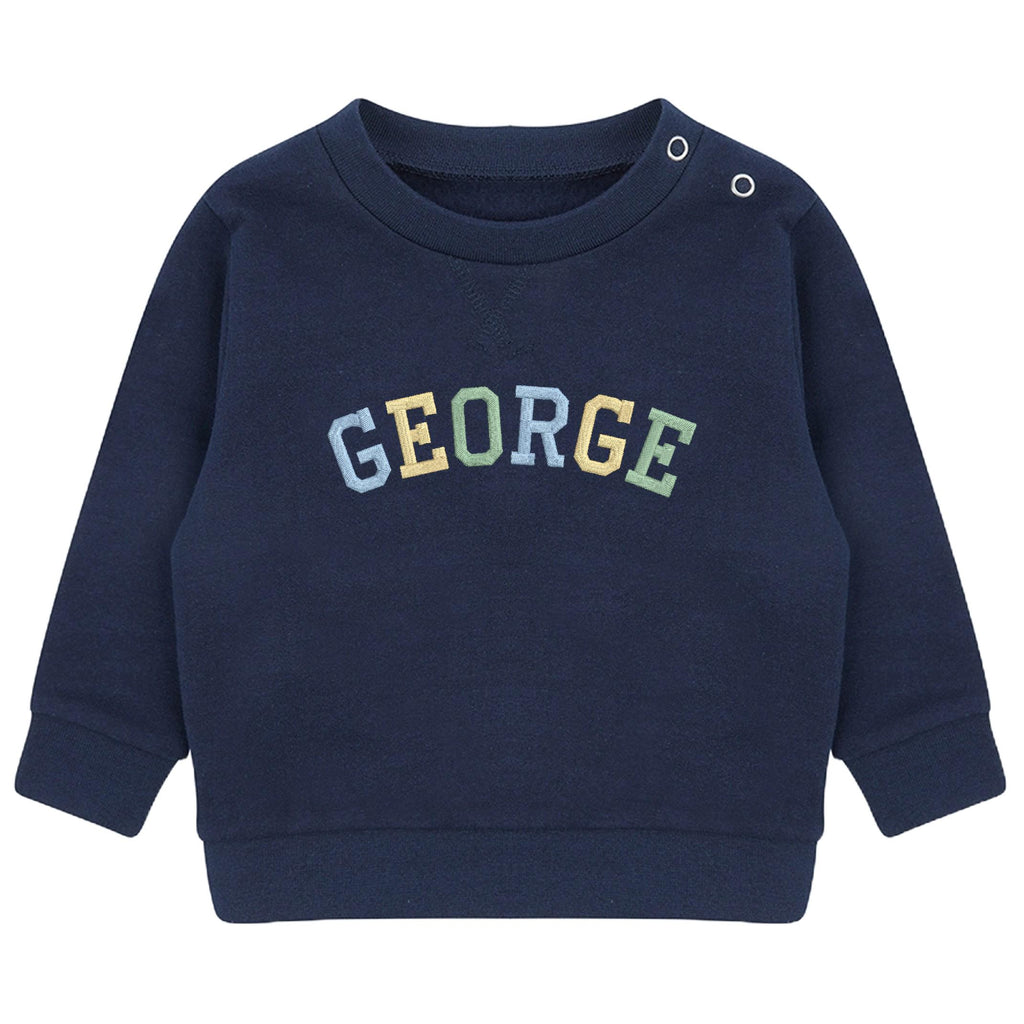 Embroidered Personalised Varsity Name Sustainable Sweatshirts Boys & Girls Baby Toddler Custom Jumper Gift