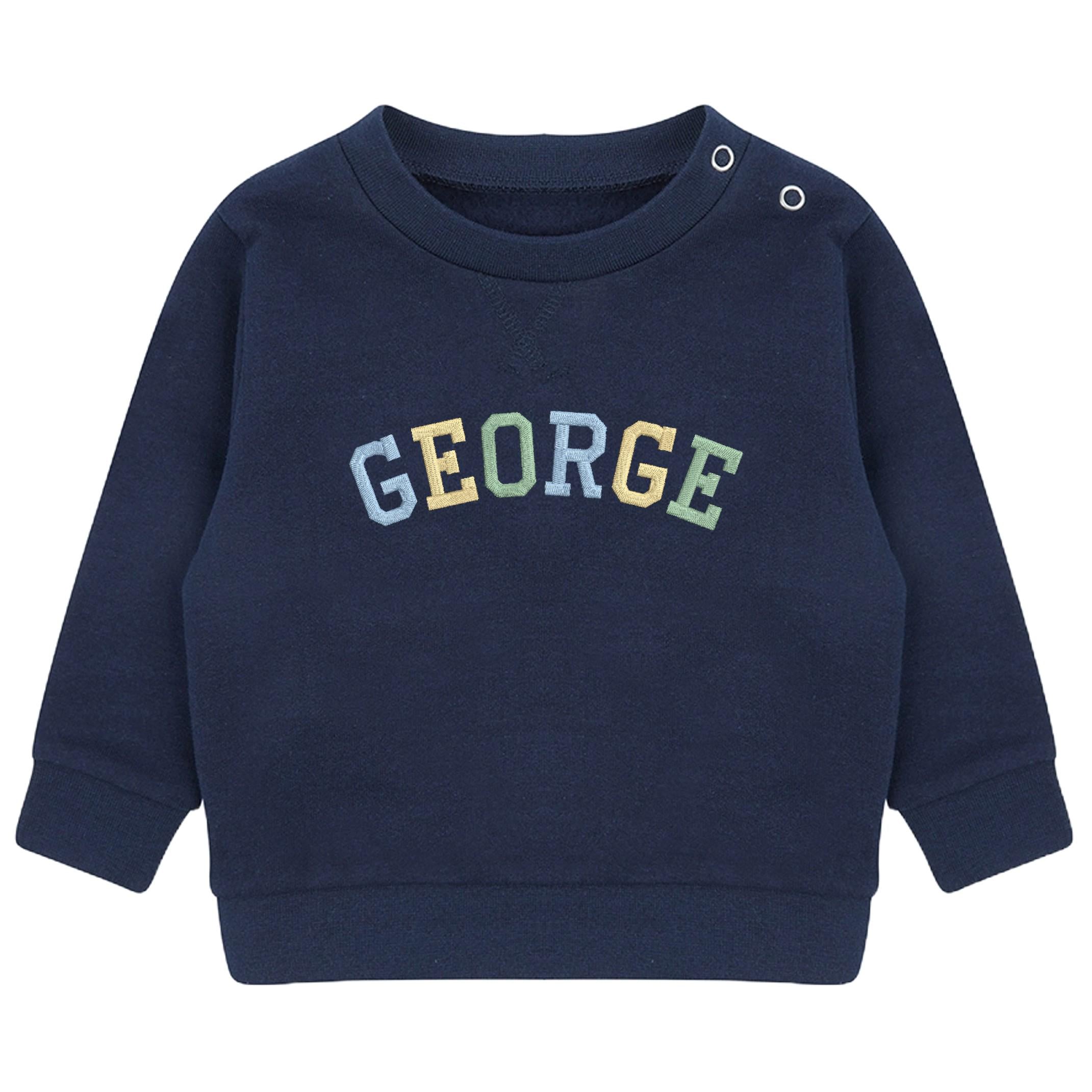 Embroidered Personalised Varsity Name Sustainable Sweatshirts Boys & Girls Baby Toddler Custom Jumper Gift