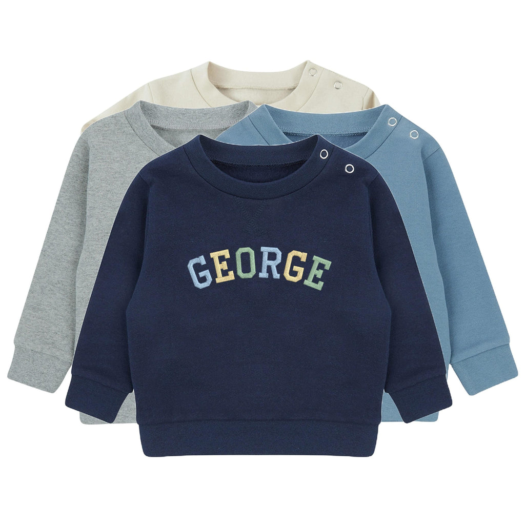 Embroidered Personalised Varsity Name Sustainable Sweatshirts Boys & Girls Baby Toddler Custom Jumper Gift