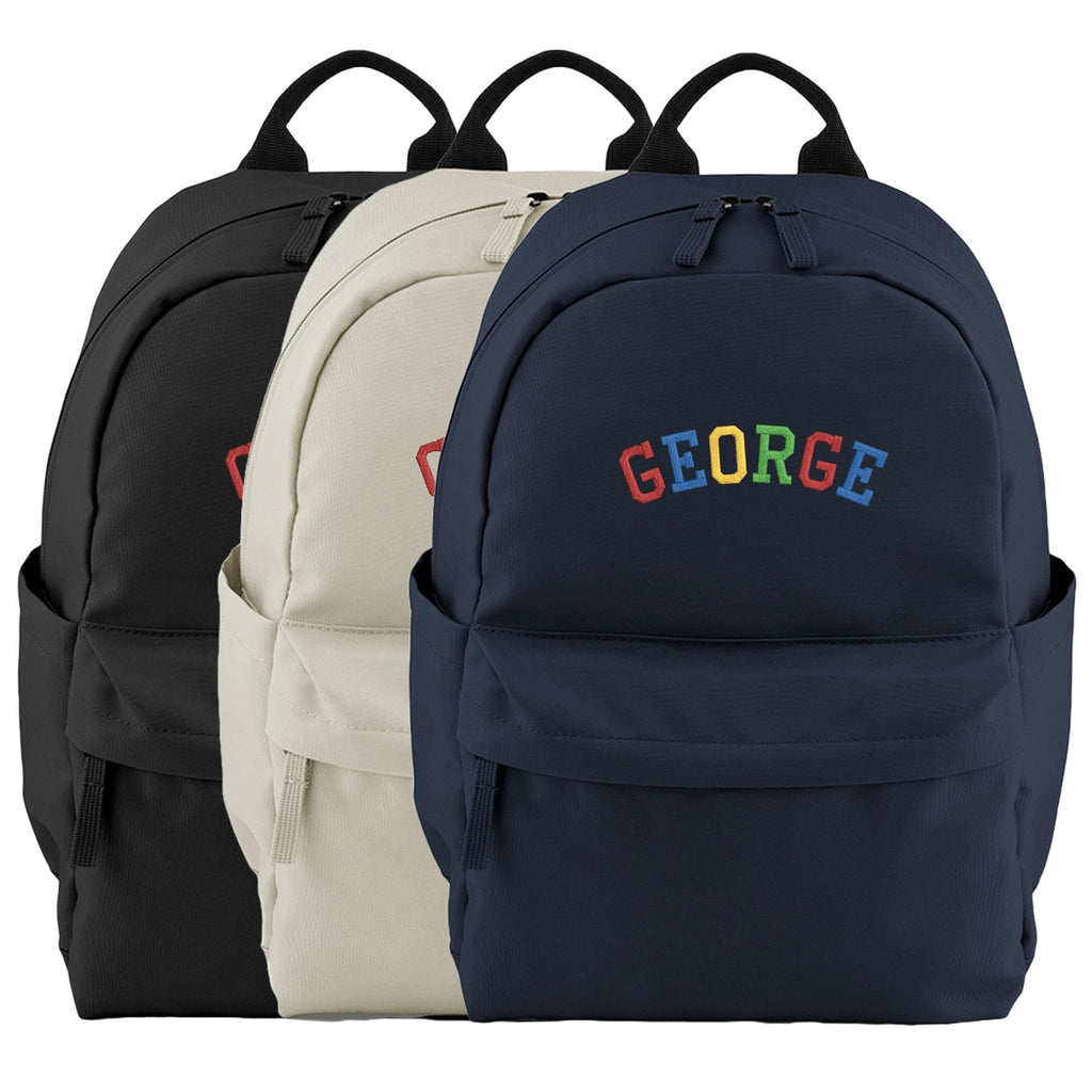 Embroidered Kids Personalised Rainbow Varsity Name Small Backpack Custom Text School Rucksack Nursery Bag