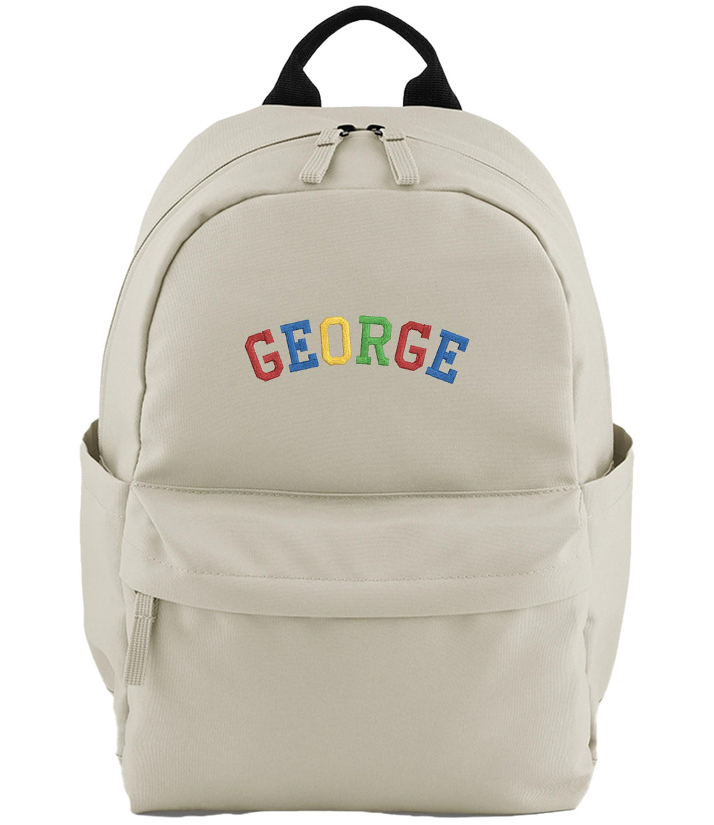 Embroidered Kids Personalised Rainbow Varsity Name Small Backpack Custom Text School Rucksack Nursery Bag