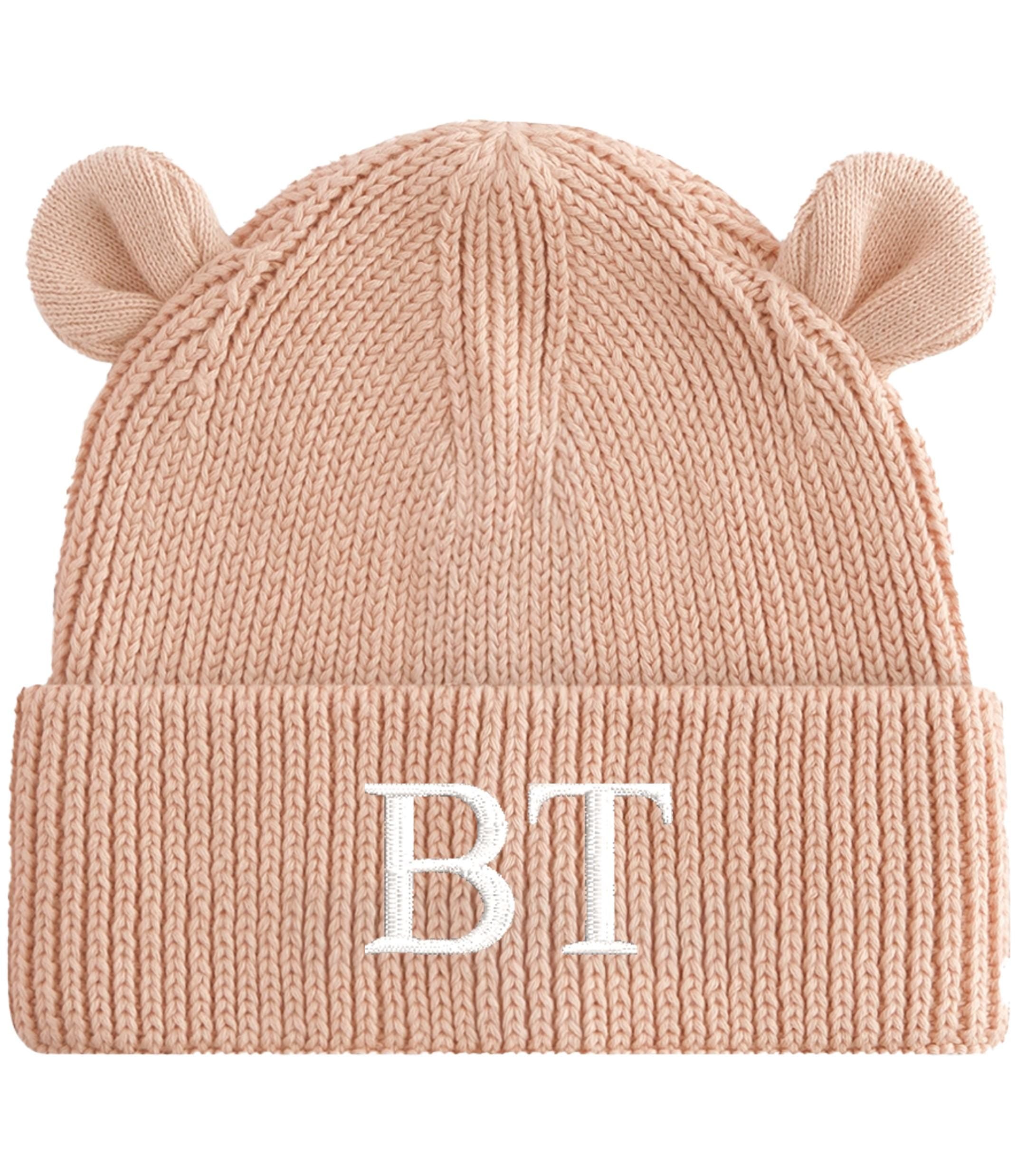 Embroidered Personalised Initials Baby & Toddler Organic Cotton Bear Beanie Custom Monogram Knitted Winter Hat