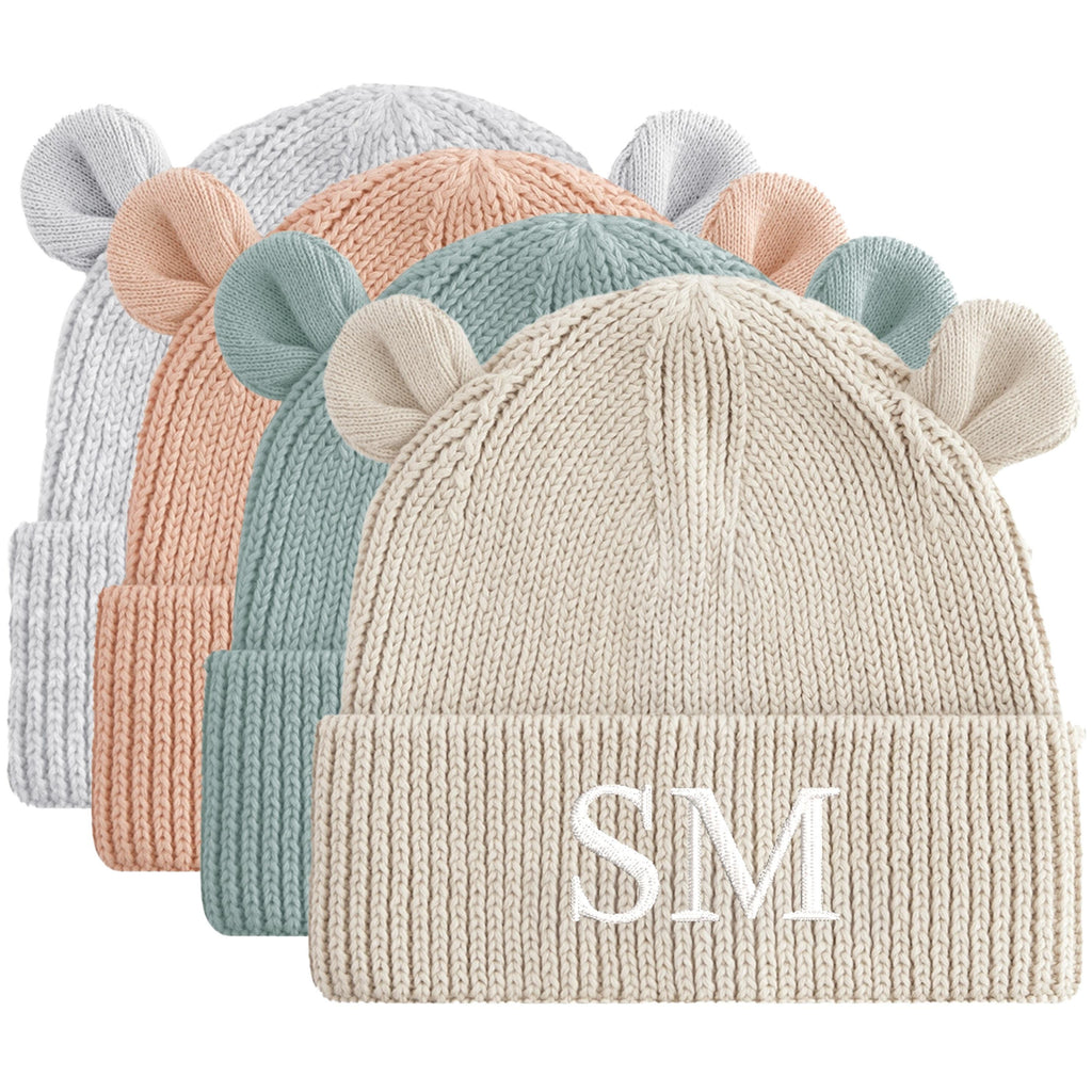 Embroidered Personalised Initials Baby & Toddler Organic Cotton Bear Beanie Custom Monogram Knitted Winter Hat