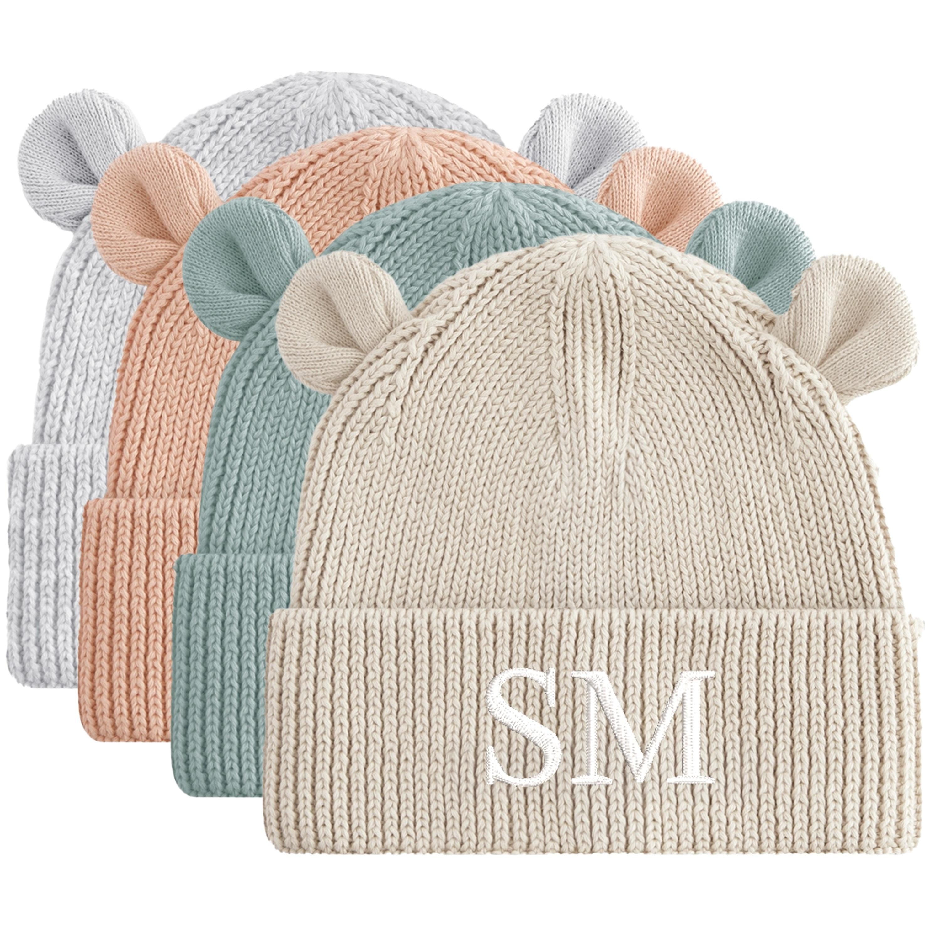 Embroidered Personalised Initials Baby & Toddler Organic Cotton Bear Beanie Custom Monogram Knitted Winter Hat