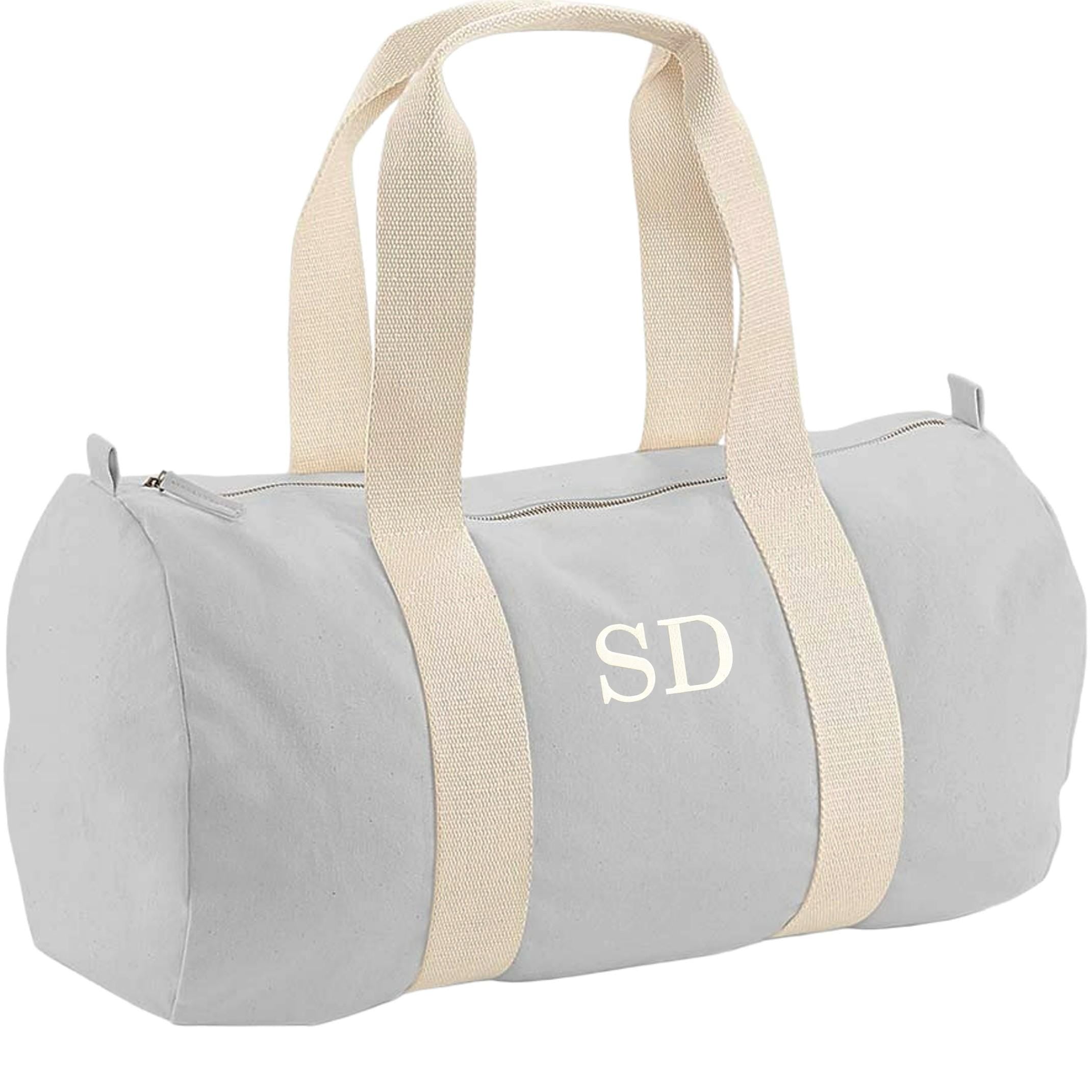 Embroidered Personalised Initials Organic Cotton Barrel Bag Girls Boys Custom Sleepover Holdall