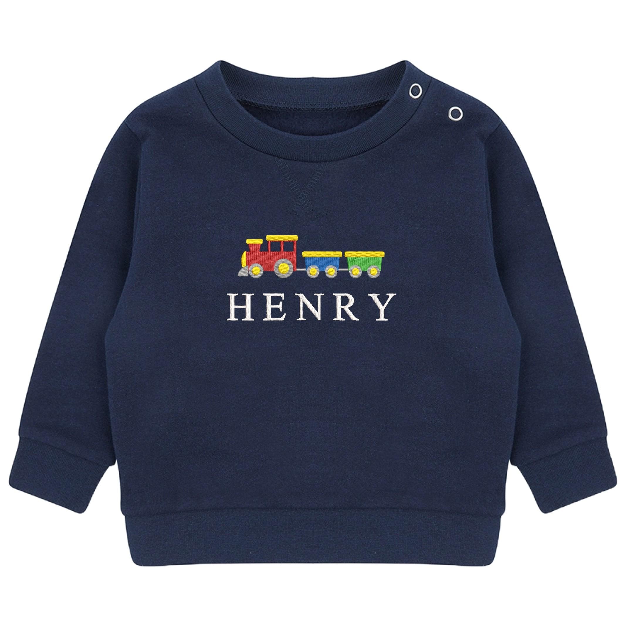 Embroidered Train Personalised Name Boys Sustainable Sweatshirt Baby & Toddler Custom Jumper Gift